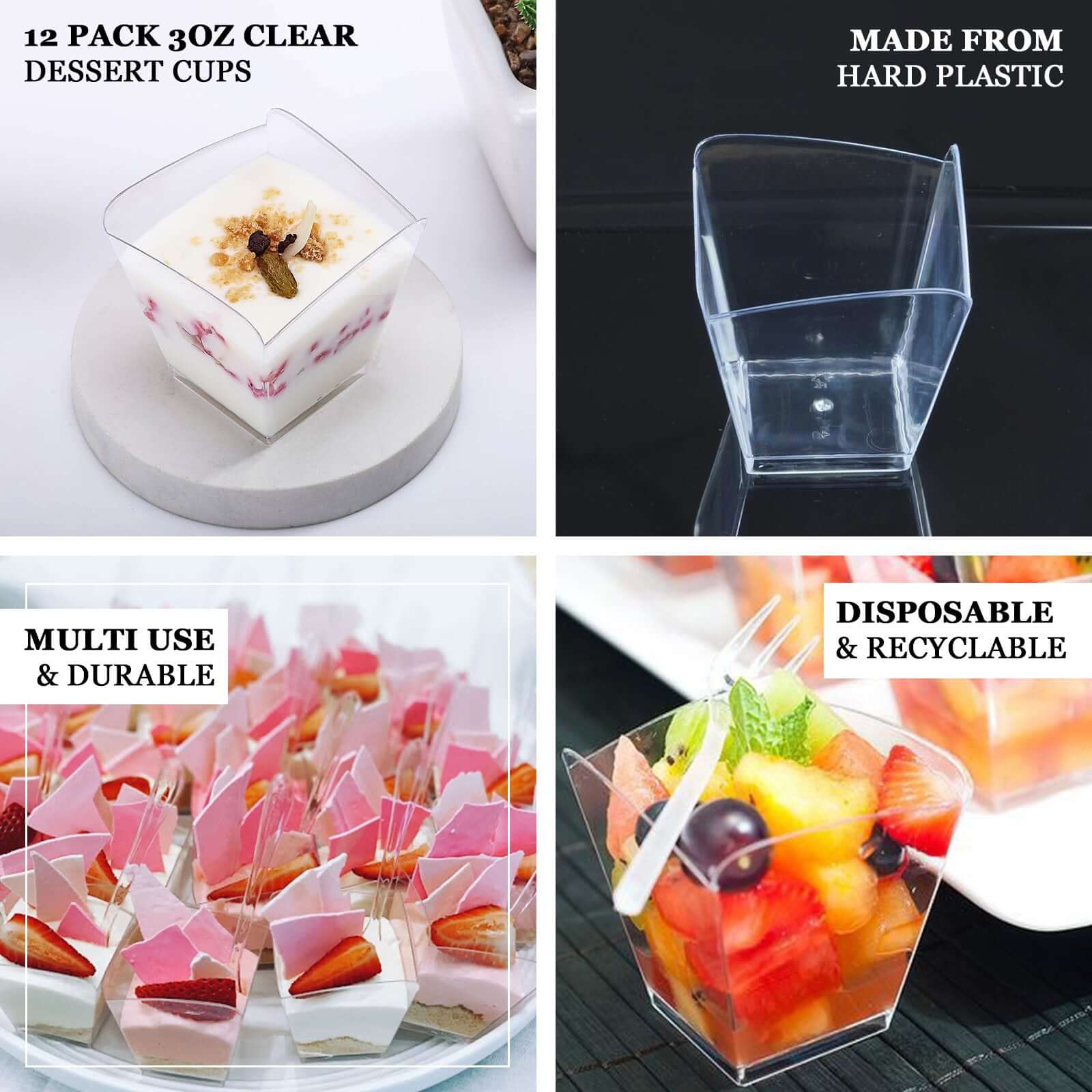 12-Piece Set of 3oz Clear Disposable Plastic Square Dessert Snack Cups