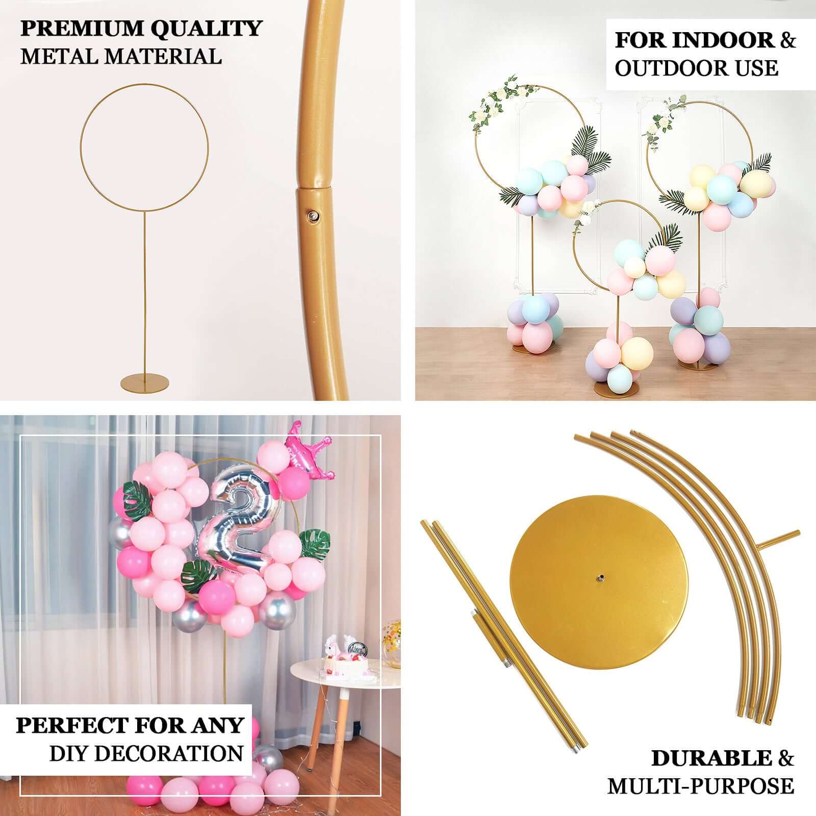 Adjustable Height 7ft Gold Metal Balloon Column with Hoop Flower Pillar Stand, Ideal for Table Centerpiece
