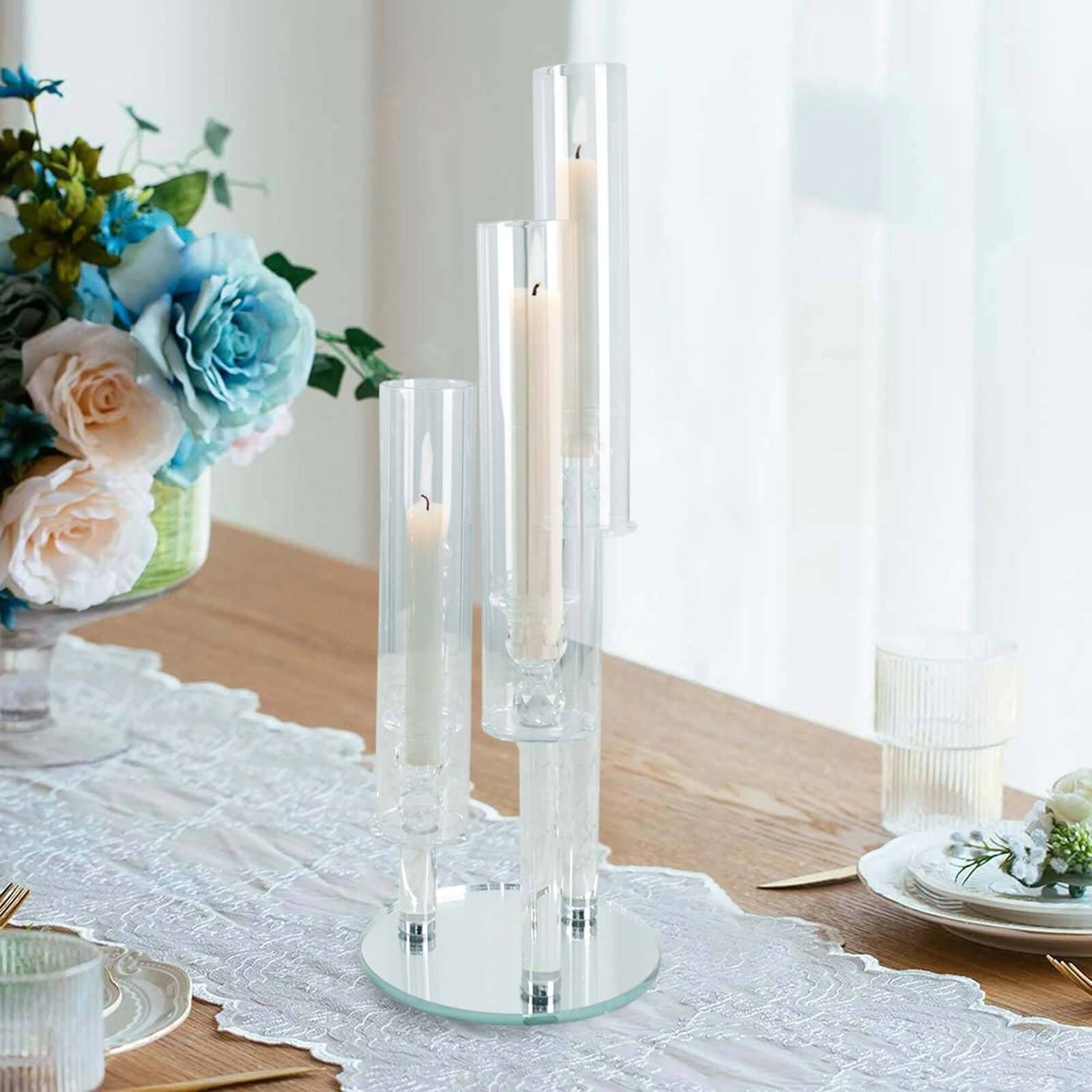 3-Arm Round Crystal Glass Candelabra - Ideal Centerpiece for Weddings and Events