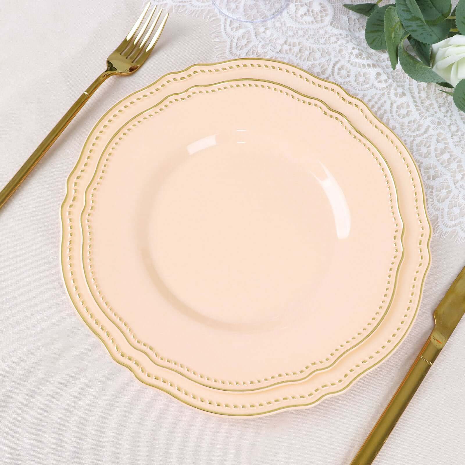 Hot Deal! 10-Pack Disposable Nude Plastic Dinner Plates with Gold Scalloped Rim, 9 Inches