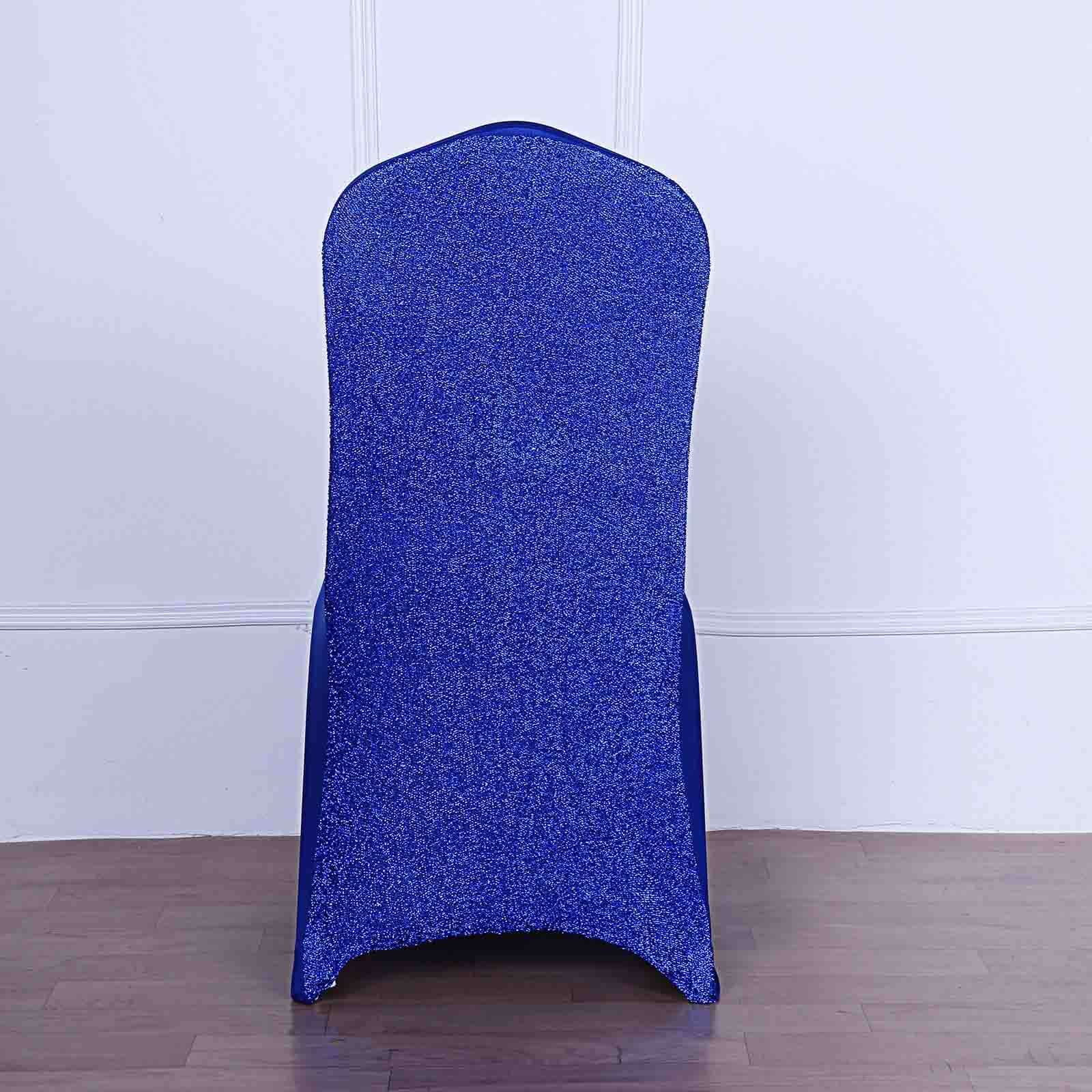 Fitted Royal Blue Spandex Chair Cover with Metallic Shimmer Tinsel Back for Banquets