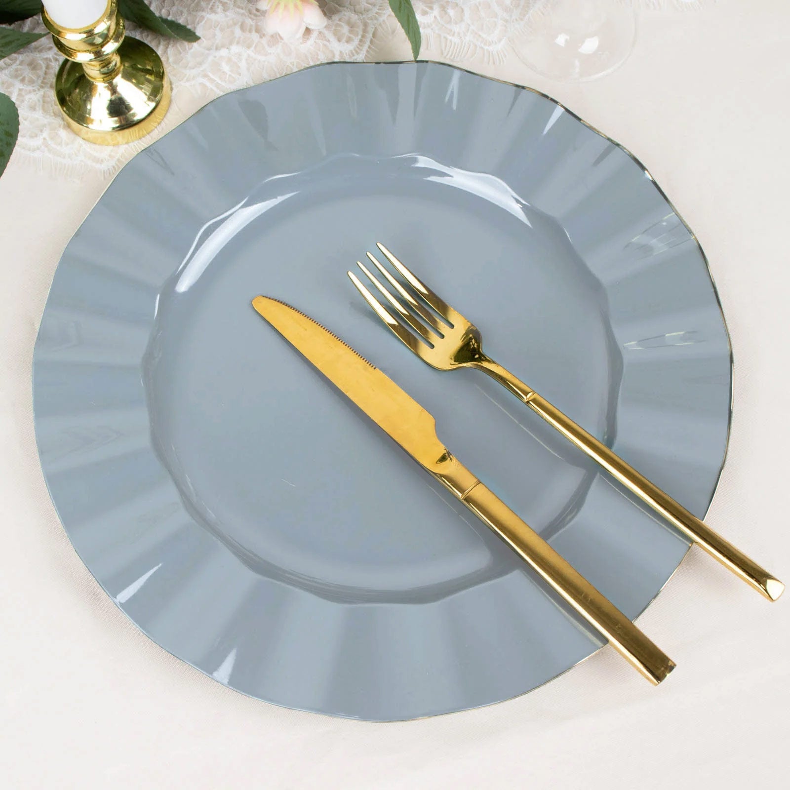10-Pack Sturdy Disposable 11" Round Dusty Blue Dinner Plates with Gold Ruffled Edging