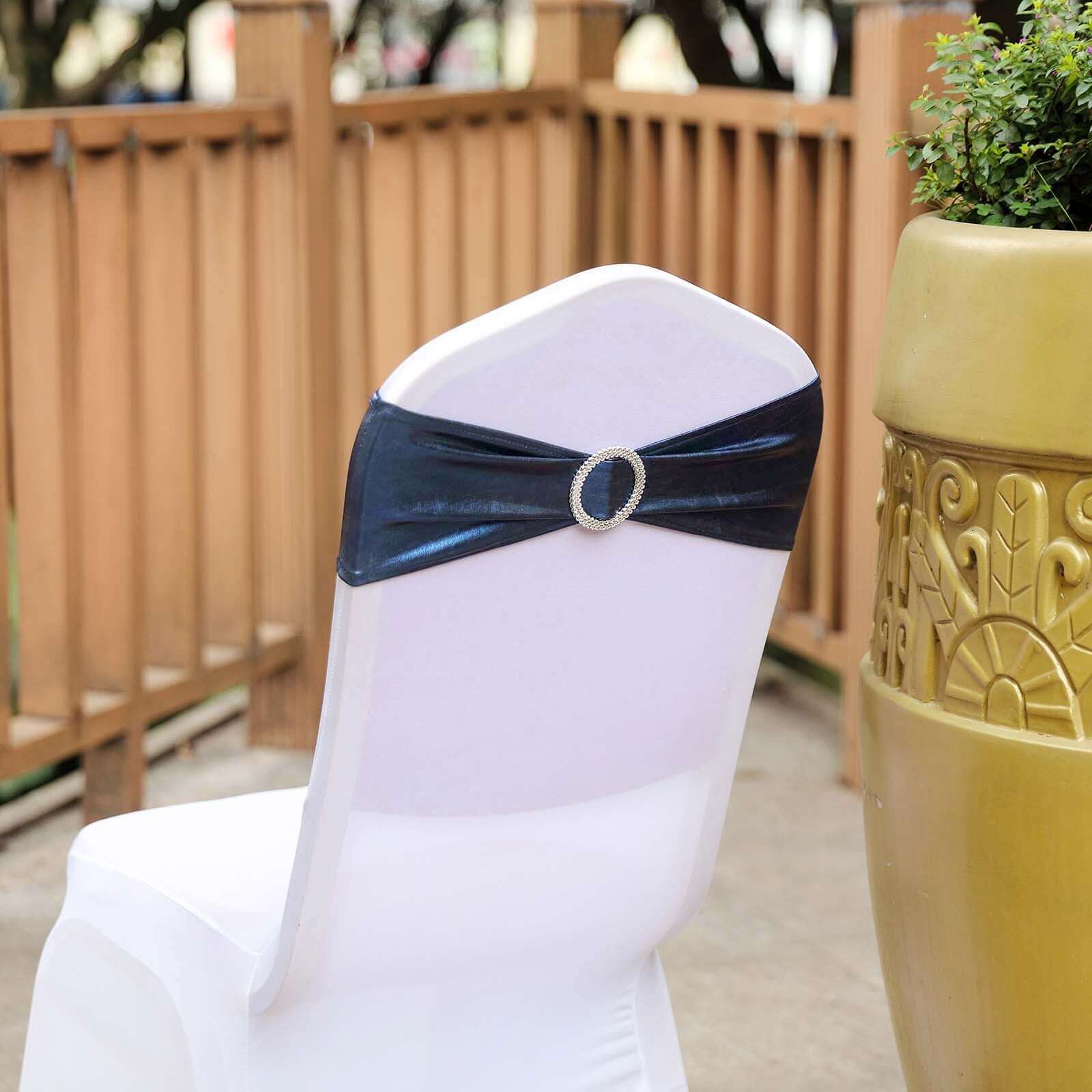 5-Pack Navy Blue Metallic Spandex Chair Sashes with Round Diamond Plastic Buckles - Ideal for Decor