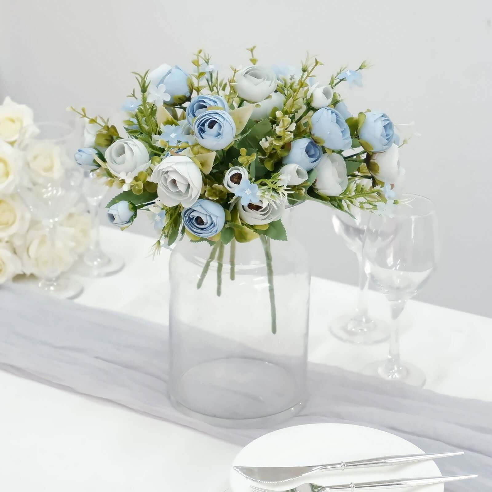 4-Pack Dusty Blue Artificial Ranunculus Silk Flower Bouquets for Bridal and Decor