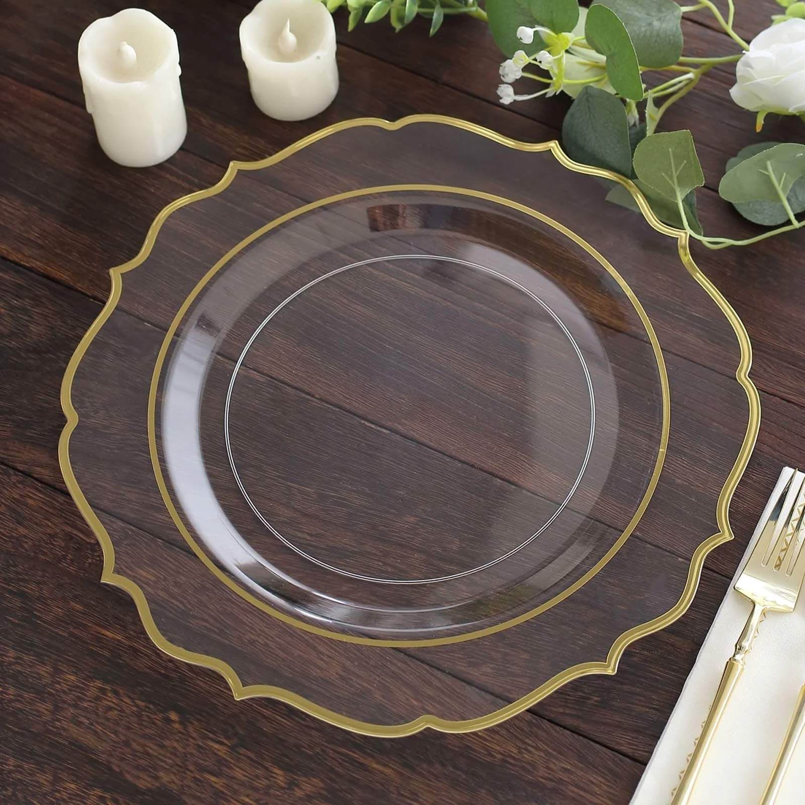10-Piece Set of Clear Plastic Round Dinner Plates with Gold Scalloped Rims - Disposable for Parties