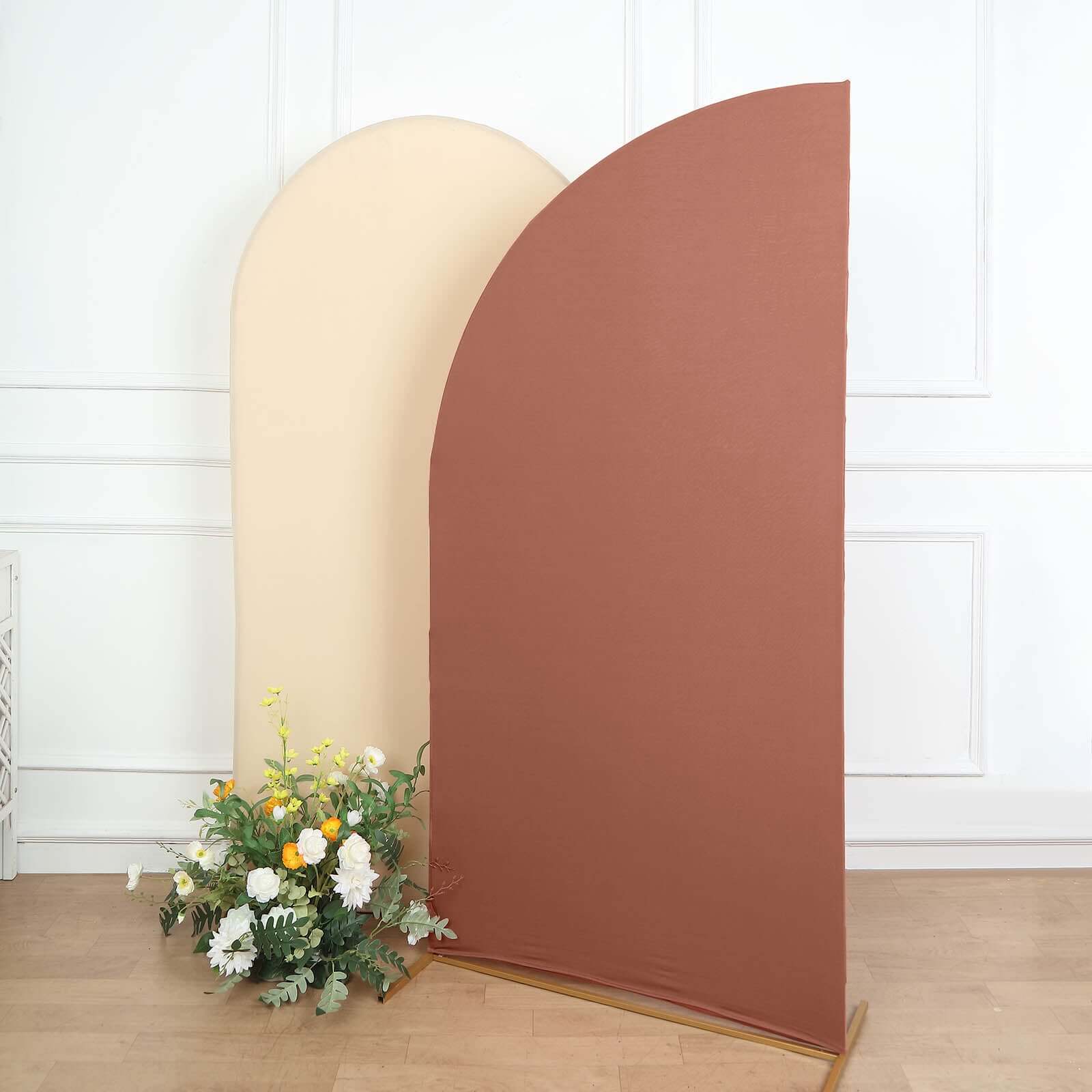 Hot Deal! 7ft Custom-Fitted Spandex Half Moon Chiara Matte Terracotta (Rust) Wedding Arch Backdrop Stand Cover