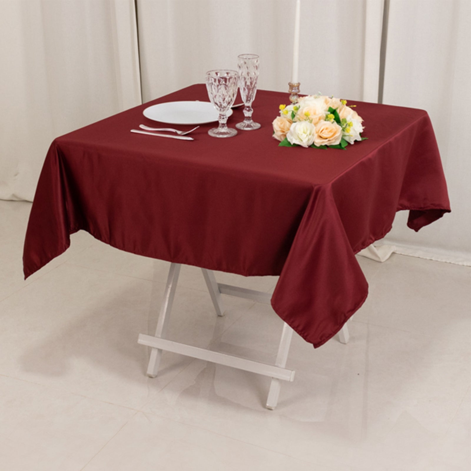 Luxury Burgundy Lamour Satin 54x54 Square Table Overlay - Durable & Silk-Like