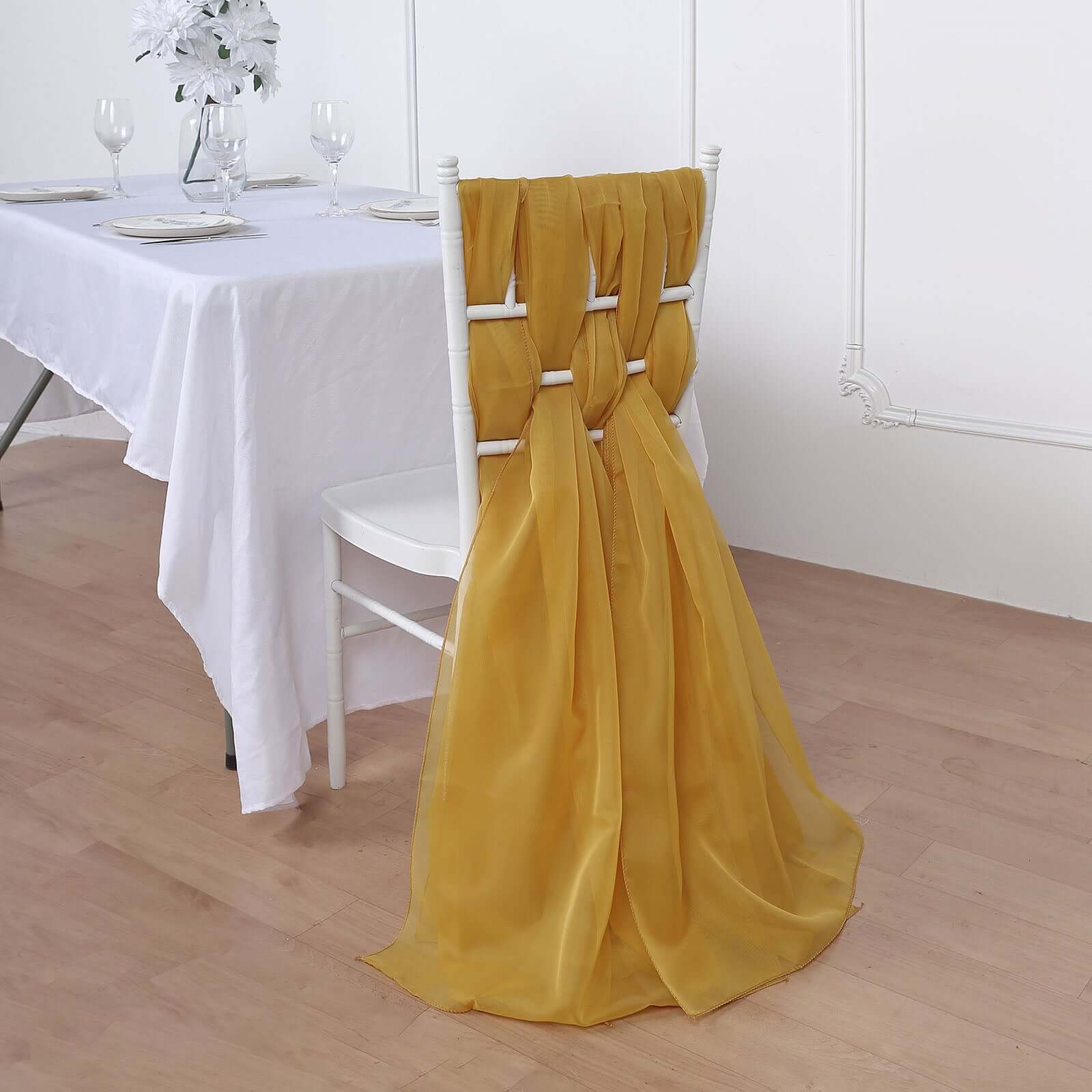 5-Pack Mustard Yellow Premium Chiffon Chair Sashes - Soft, Lightweight Designer Bows (22x78)