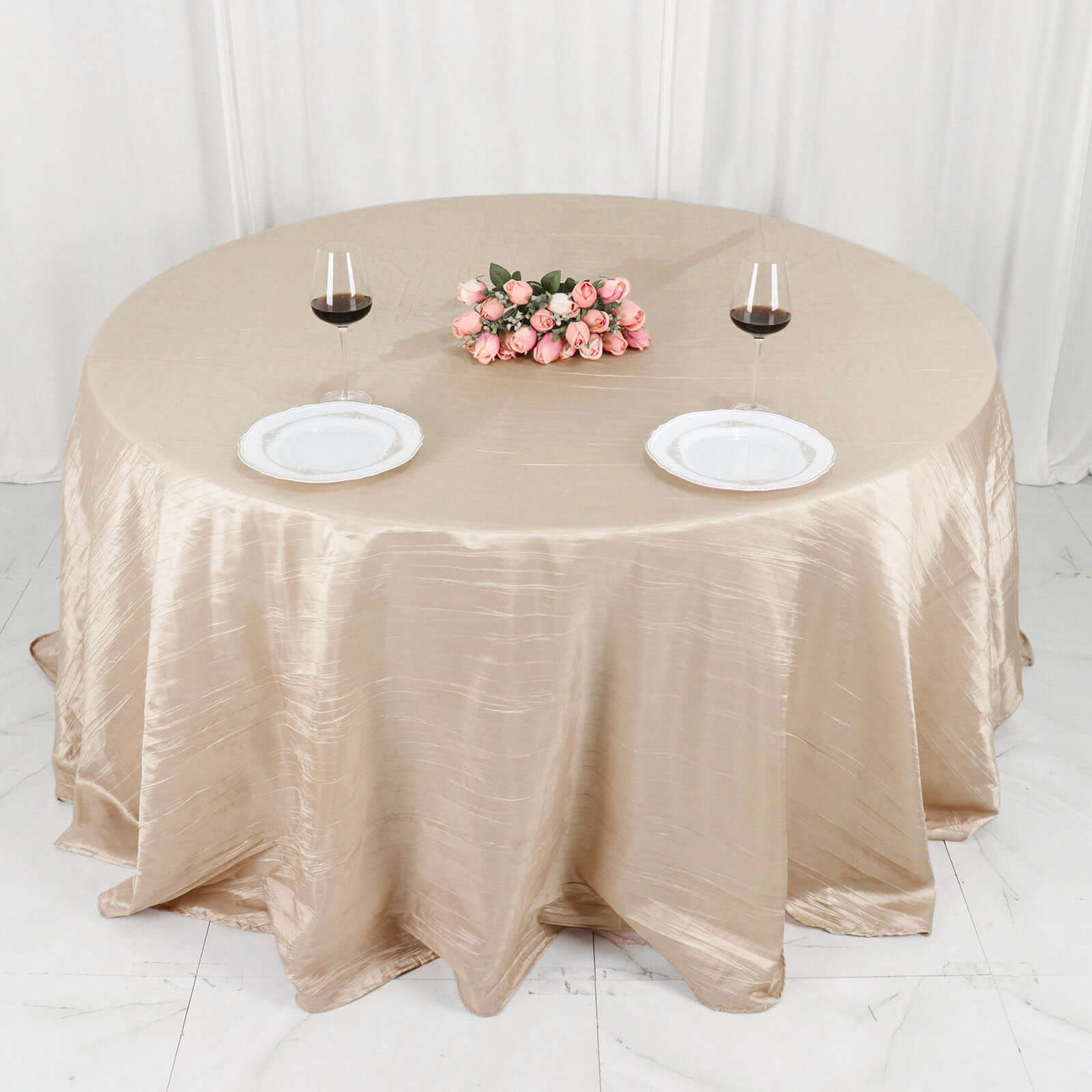 Beige Seamless Accordion Crinkle 132-Inch Taffeta Round Tablecloth