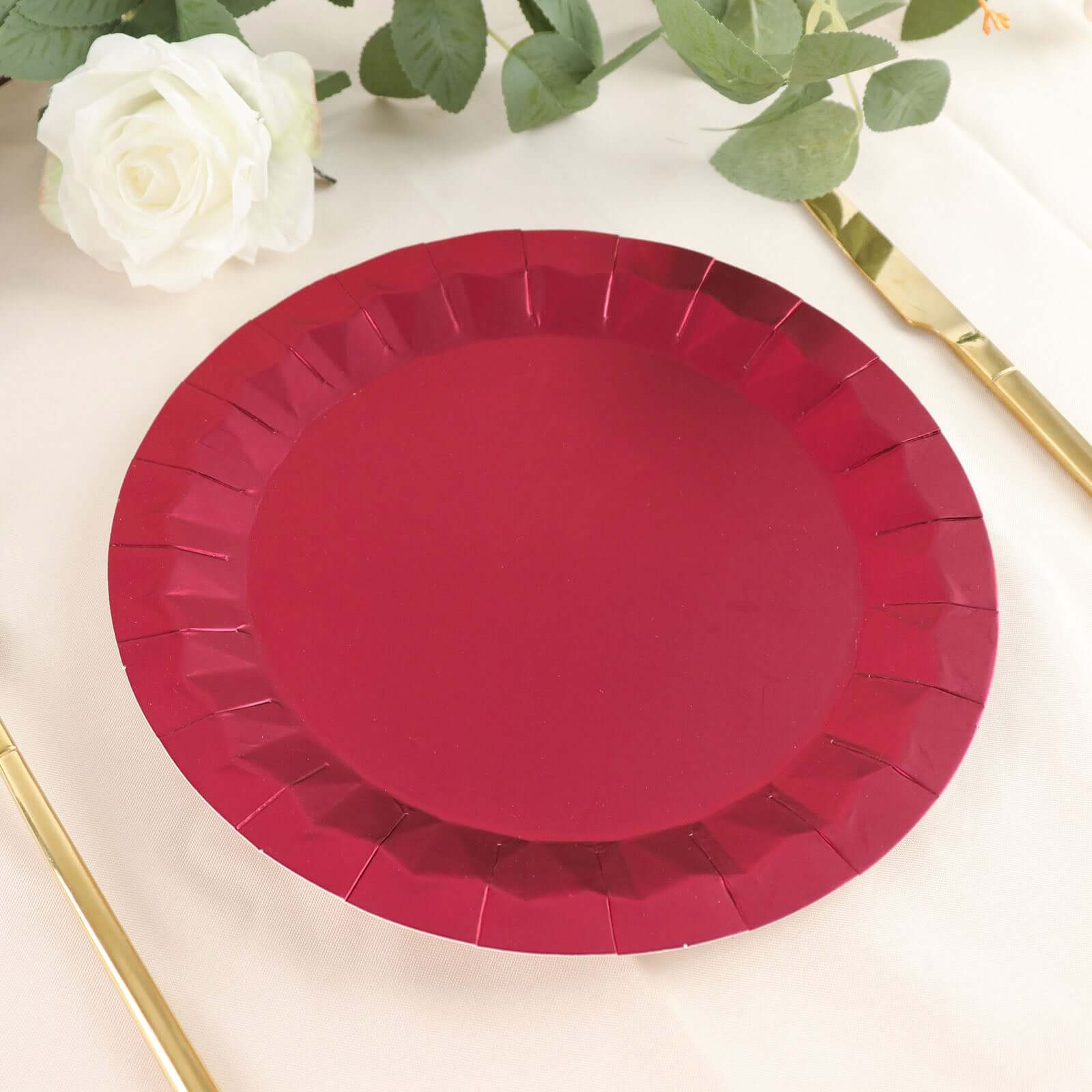 25-Piece Set of 9-Inch Round Disposable Burgundy Paper Dinner Plates with Geometric Prism Rim, 400GSM