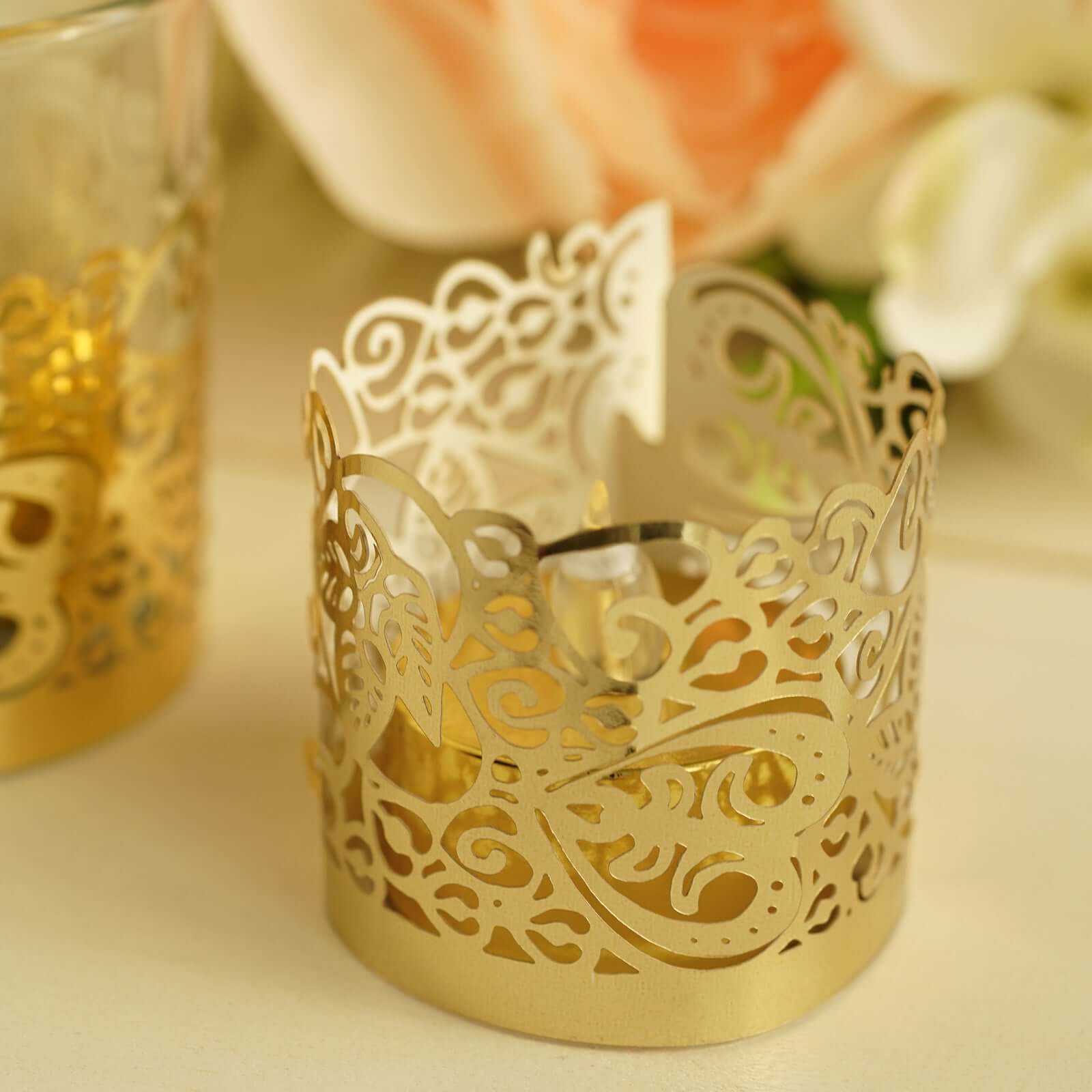 20-Pack Gold Foil Floral Lace Design Paper Wraps for Votive Tealight Candles
