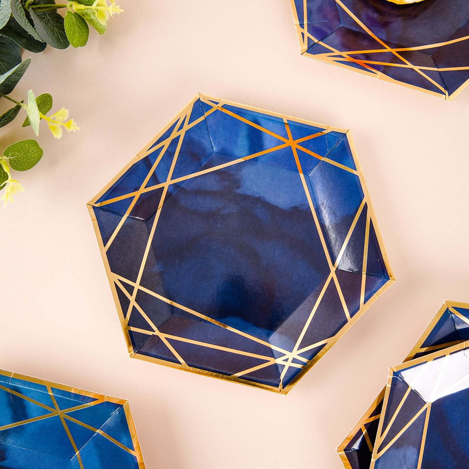 25-Pack Navy Blue & Gold Geometric Hexagon Disposable Paper Appetizer & Salad Dessert Plates