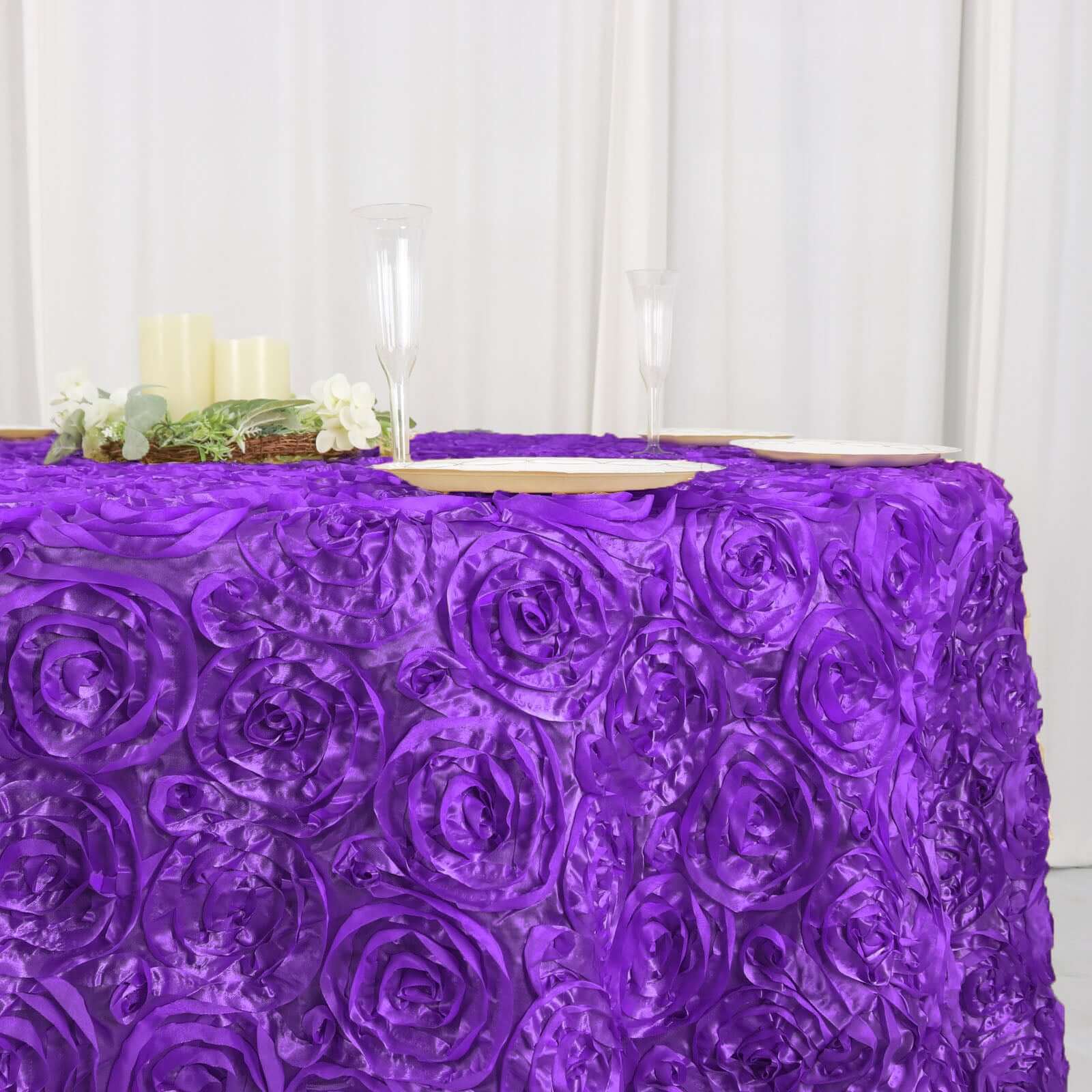Hot Sale! Purple Satin 120-Inch Round Tablecloth with 3D Rosette and Seamless Finish
