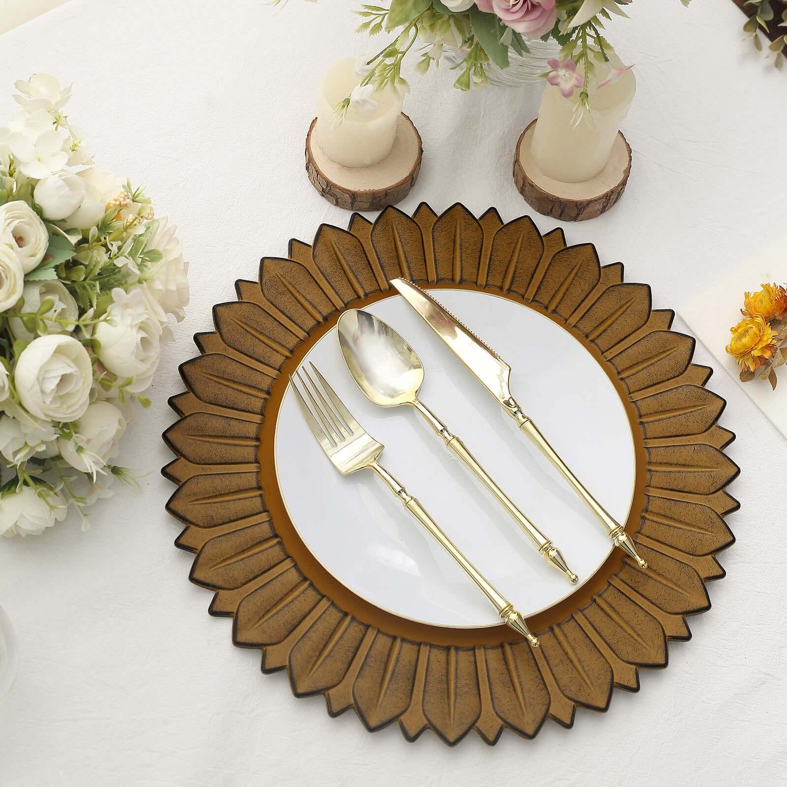 6-Piece Set of 13-Inch Matte Mustard Yellow Plastic Round Charger Plates with Sunflower Rim