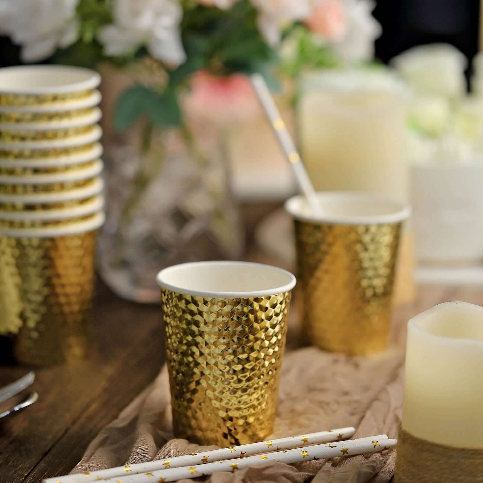 24-Pack Gold Foil Honeycomb Design Disposable Paper Cups - 10oz for Hot & Cold Drinks, Ideal for Parties