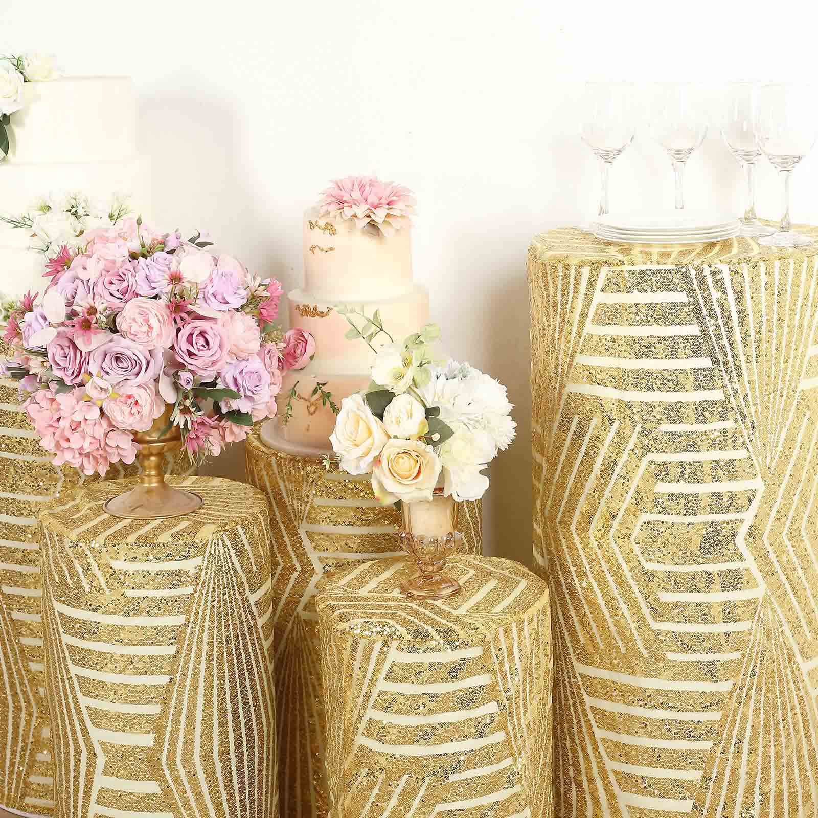 Sparkling Gold Sequin Mesh Geometric Pattern Cylinder Pedestal Stand Covers - Set of 5