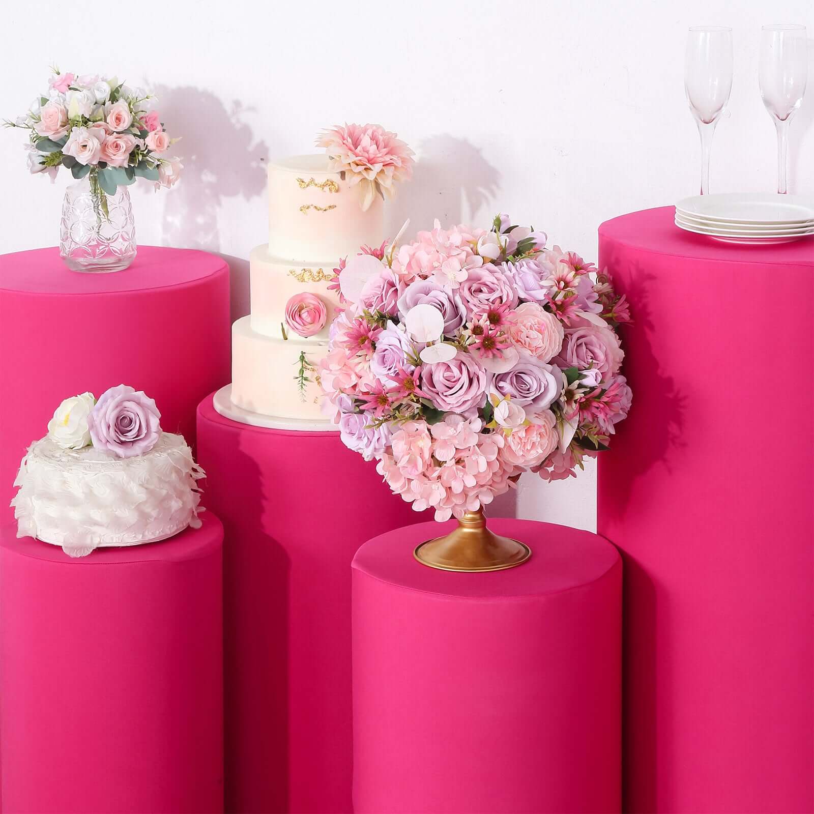 Hot Deal! Set of 5 Fuchsia Stretchable 160 GSM Spandex Cylinder Pedestal Stand Covers