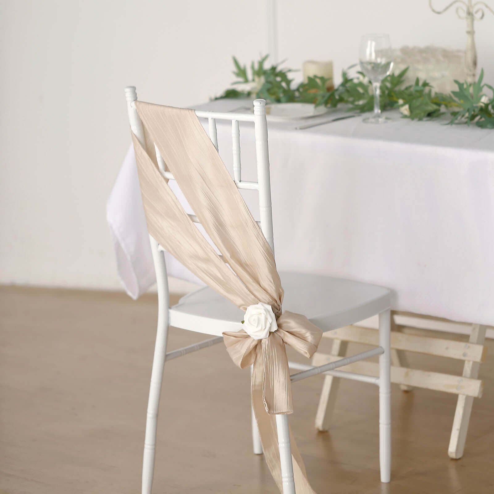 5-Piece Set of Beige Accordion Crinkle Taffeta Chair Sashes (6x106) - Ideal for Weddings and Gatherings