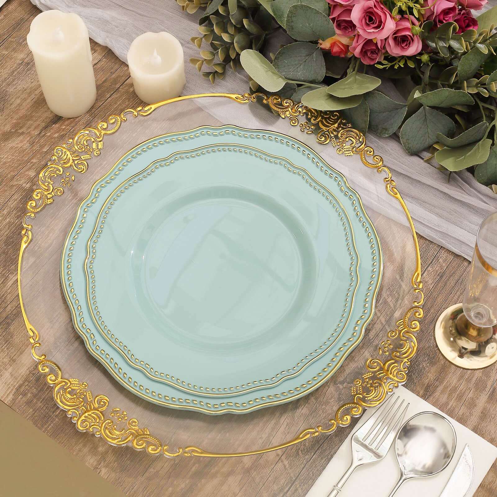10-Pack Disposable Jade Plastic Dinner Plates with Gold Scalloped Rim - 9 Inches