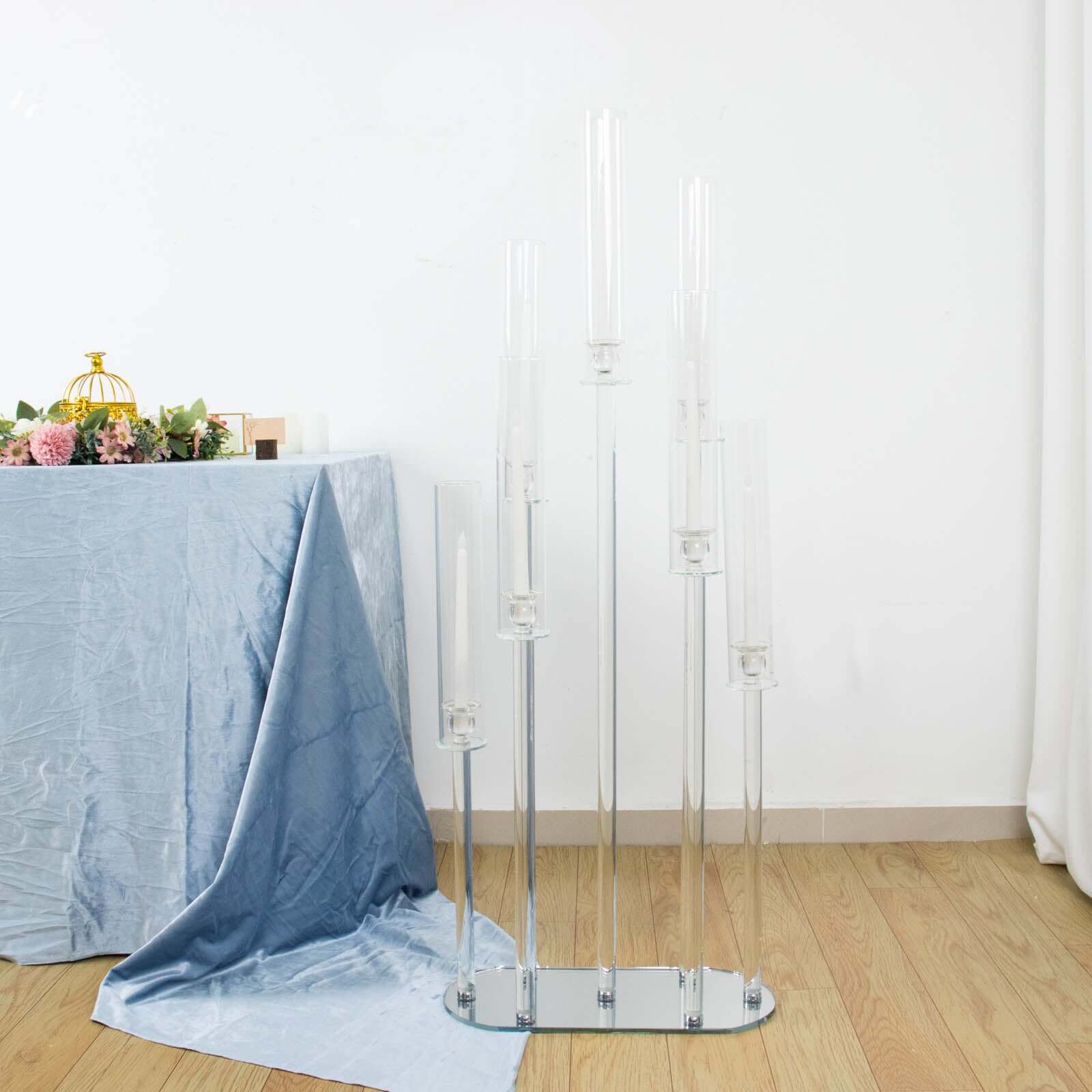 7-Arm Clear Crystal Candelabra with Hurricane Shades - Perfect Wedding Centerpiece