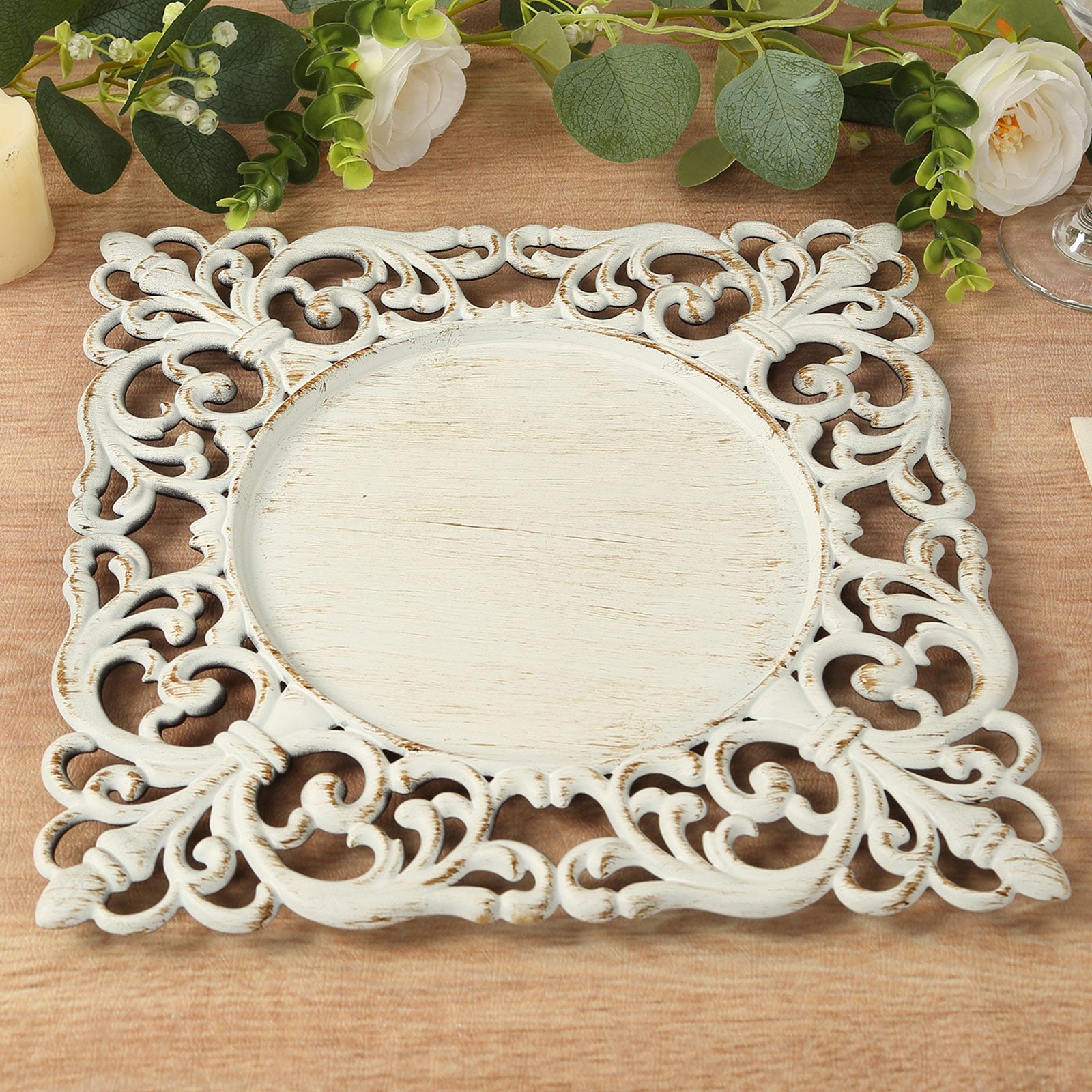 6-Piece Set of Whitewashed Acrylic Square Charger Plates with Hollow Lace Border, 12 Inches, Ideal for Events