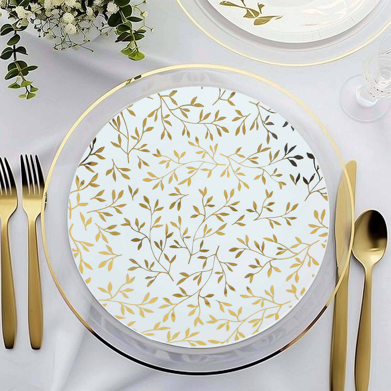 10-Pack Heavy Duty Disposable White Plastic Dinner Plates with Gold Leaf Design - Ideal for Stylish Events