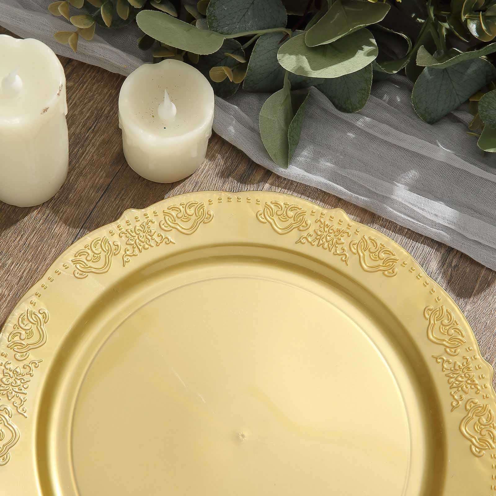 Hot Deal! 10-Pack of Disposable Round Plastic Dinner Plates with Gold Embossed Scalloped Edge for Special Events