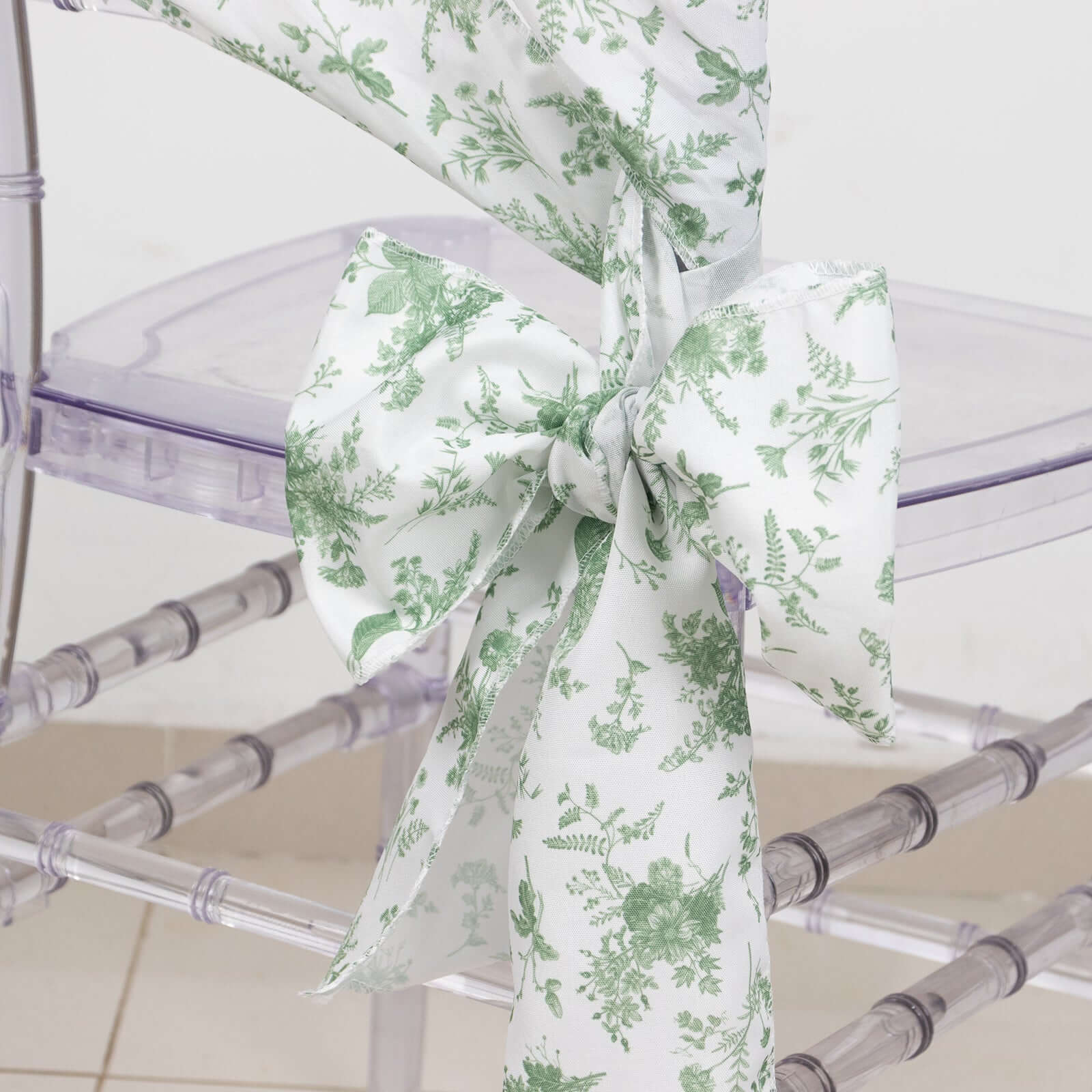 5-Pack French Toile Floral Polyester Chair Sashes in Dusty Sage Green - Stylish, Durable & Reusable
