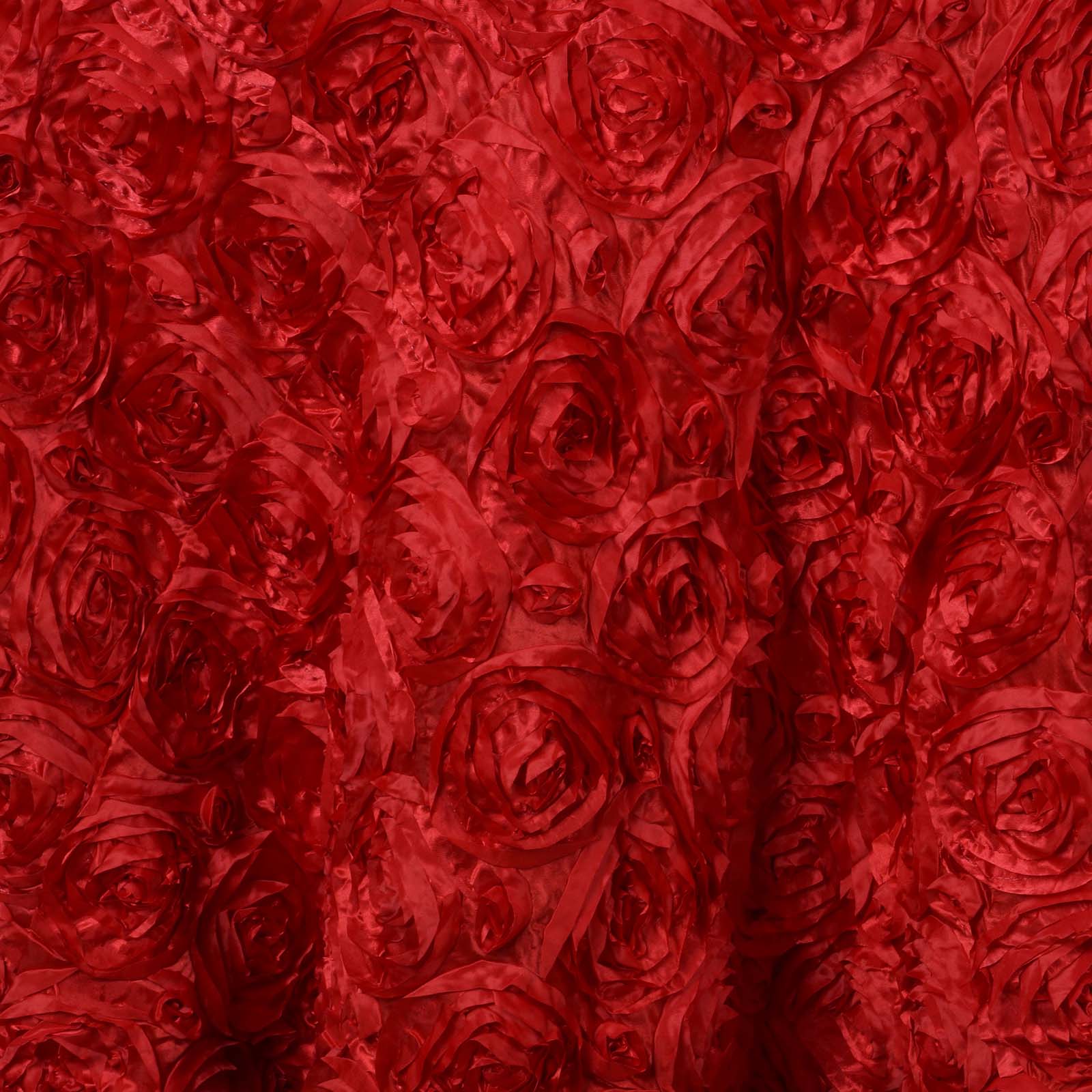 Hot Sale! Red Satin 132-Inch Round Tablecloth with Seamless 3D Rosette Design
