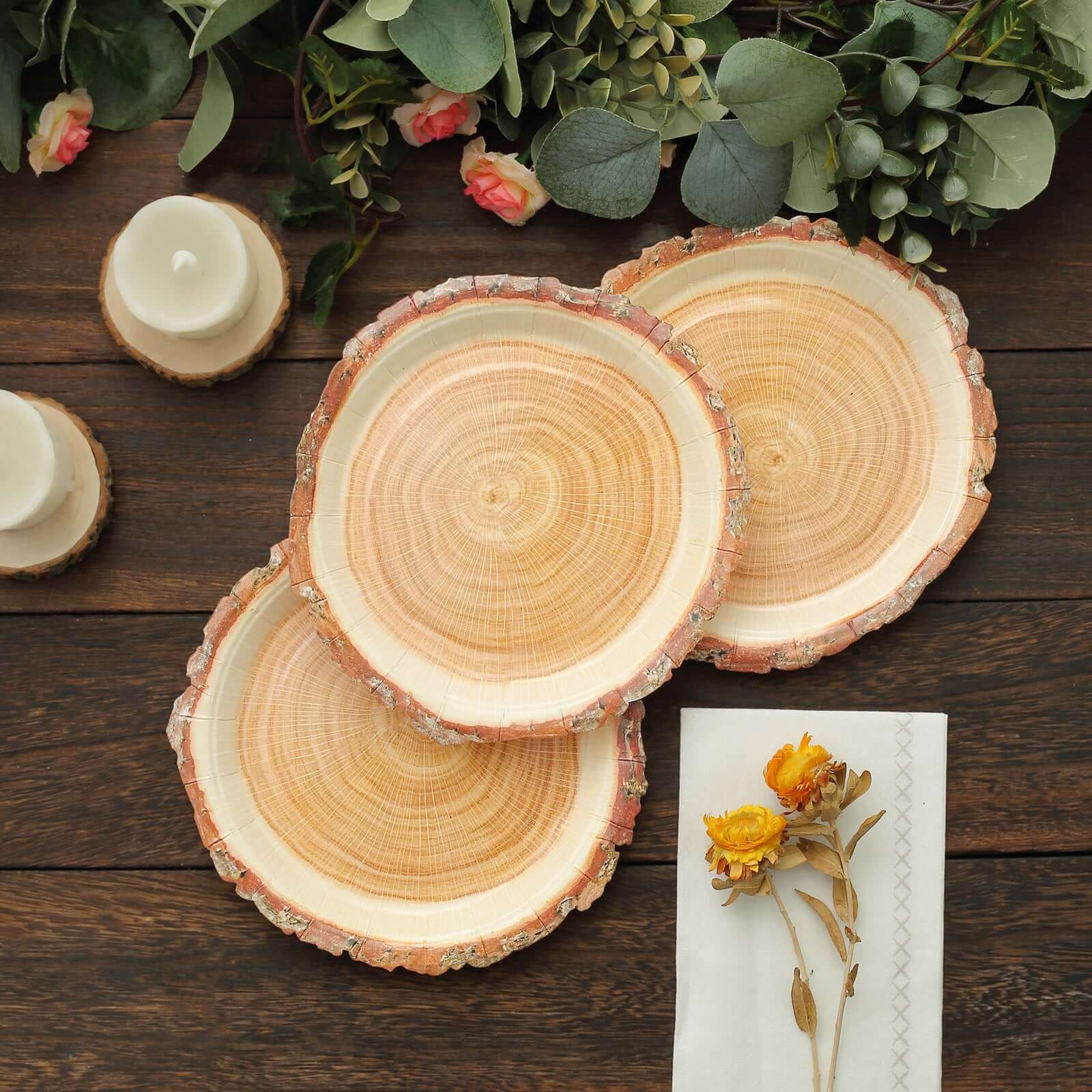 25-Pack Disposable 7-Inch Round Paper Dessert Plates with Natural Wood Slice Print for Rustic Farmhouse Events
