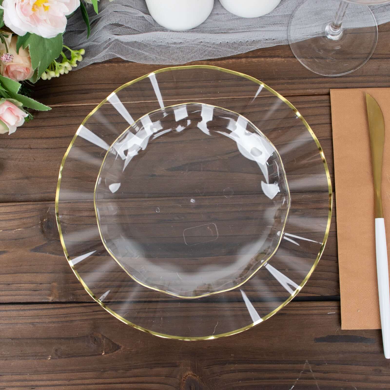 Hot Deal! 10-Pack Disposable Plastic Round 6-Inch Dessert Plates with Clear Ruffled Rim and Gold Edging