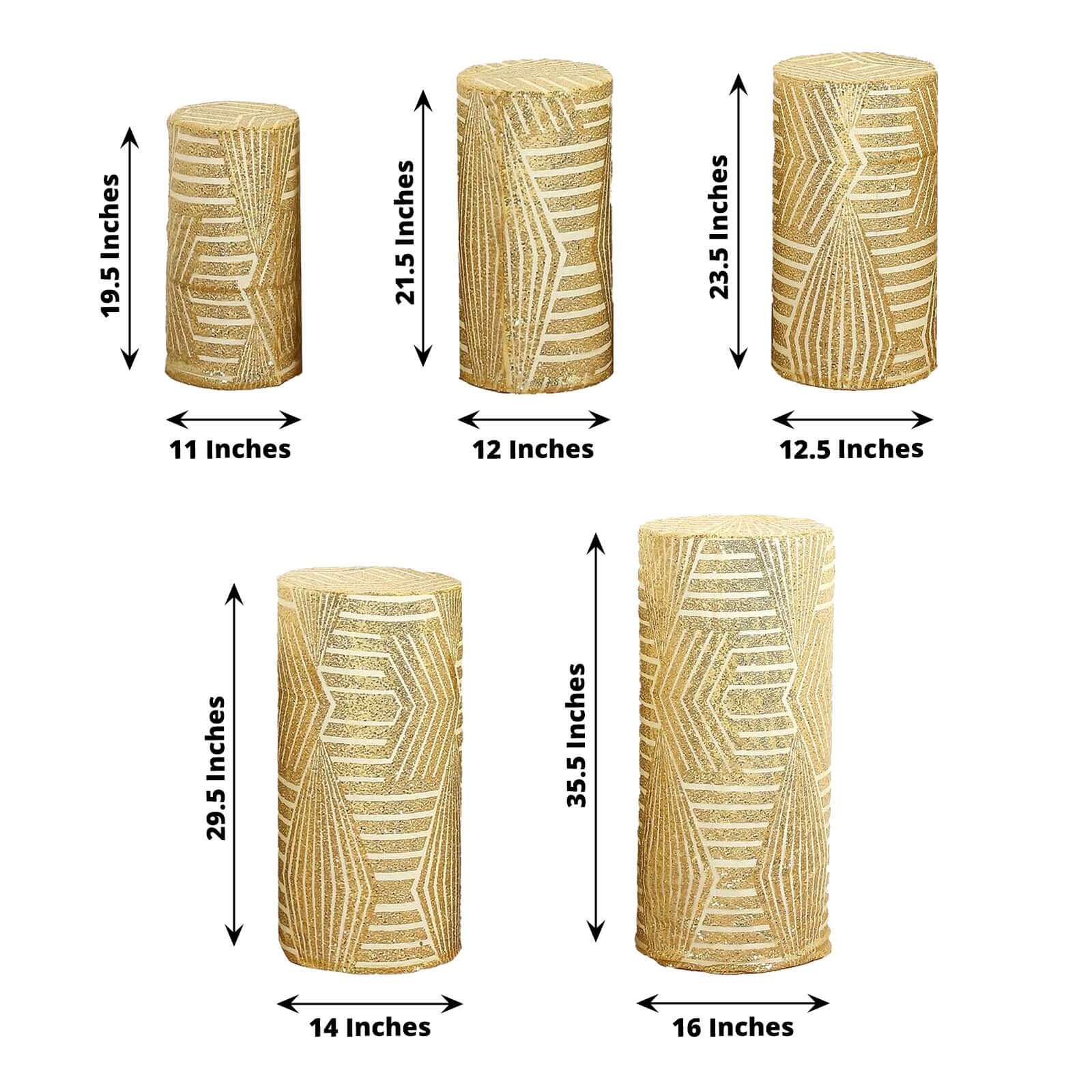 Sparkling Gold Sequin Mesh Geometric Pattern Cylinder Pedestal Stand Covers - Set of 5