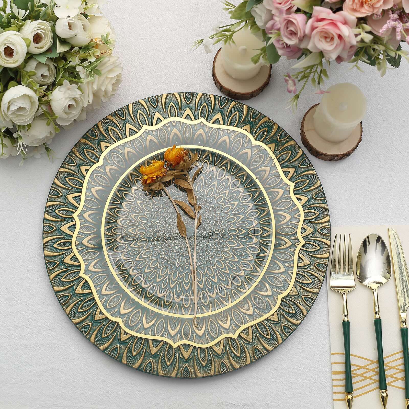 6-Piece Set of 13-Inch Teal Plastic Charger Plates with Gold Embossed Peacock Design