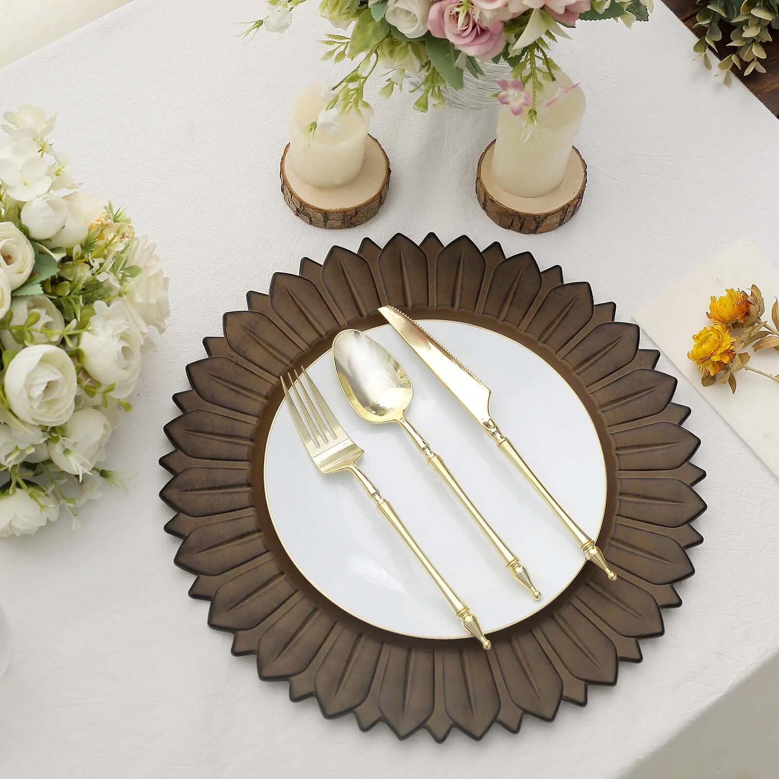 Hot Sale! 6-Pack 13in Plastic Round Disposable Dinner Charger Plates with Sunflower Rim, Matte Natural Finish