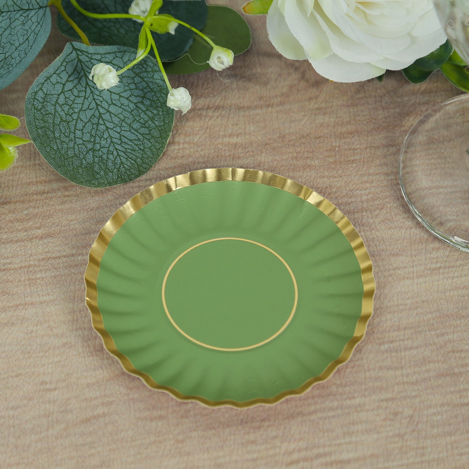50-Piece Disposable 250GSM Mini Round Dessert Plates in Dusty Sage Green with Gold Scalloped Edge