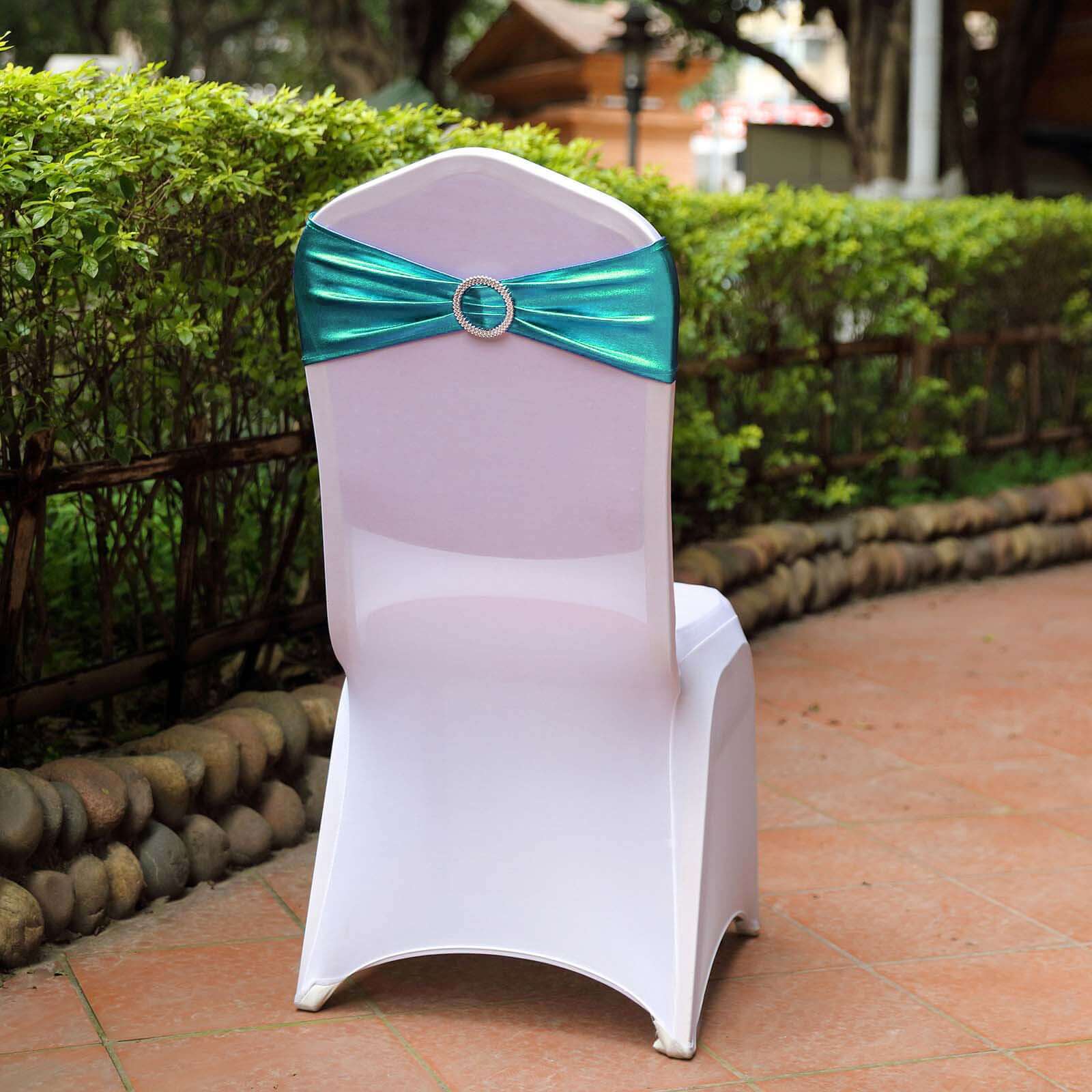5-Pack Metallic Peacock Teal Spandex Chair Sashes with Round Diamond Buckles - Great for Events