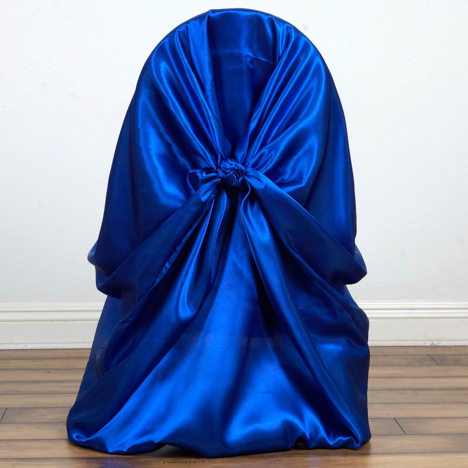 Royal Blue Satin Self-Tie Chair Cover - Universal & Durable for Multiple Chair Types