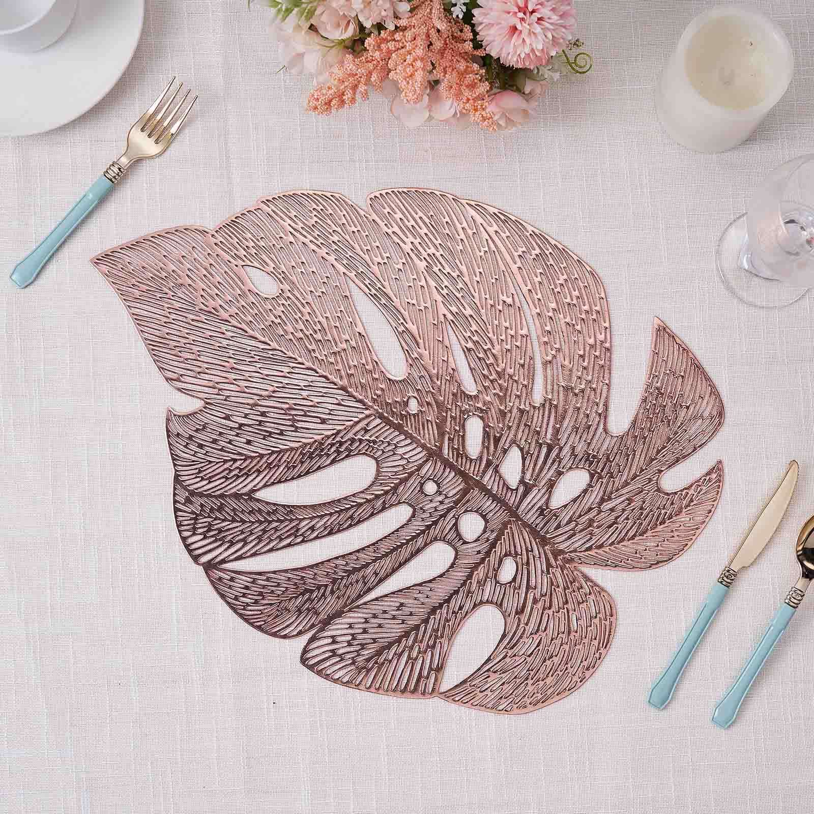 6-Piece Rose Gold Monstera Leaf Design Vinyl Dining Table Mats - Non-Slip for Tropical Decor