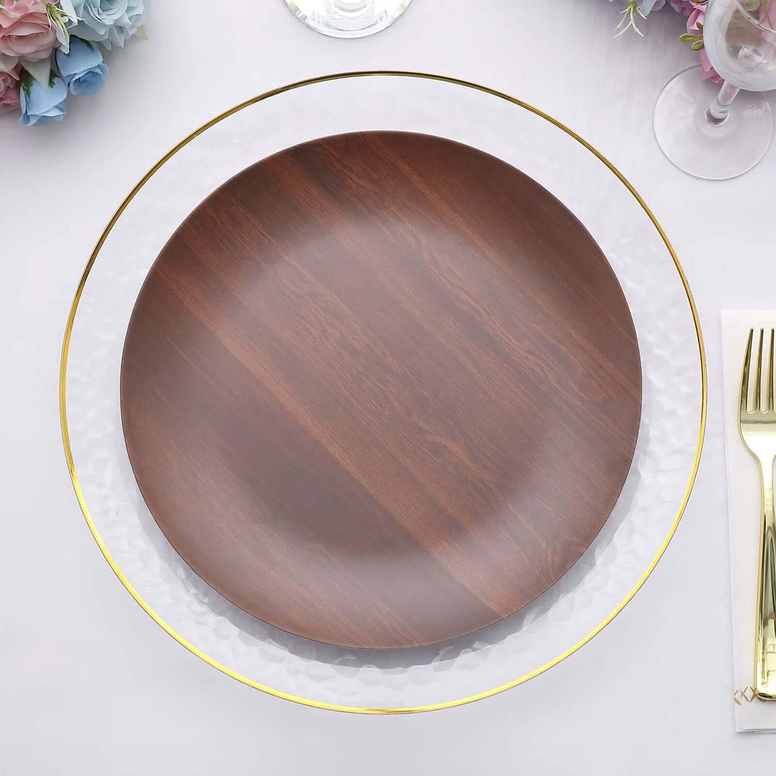 Set of 6 Disposable Shatterproof Brown Wood Grain Melamine 10-Inch Round Dinner Plates for Rustic Party Decor