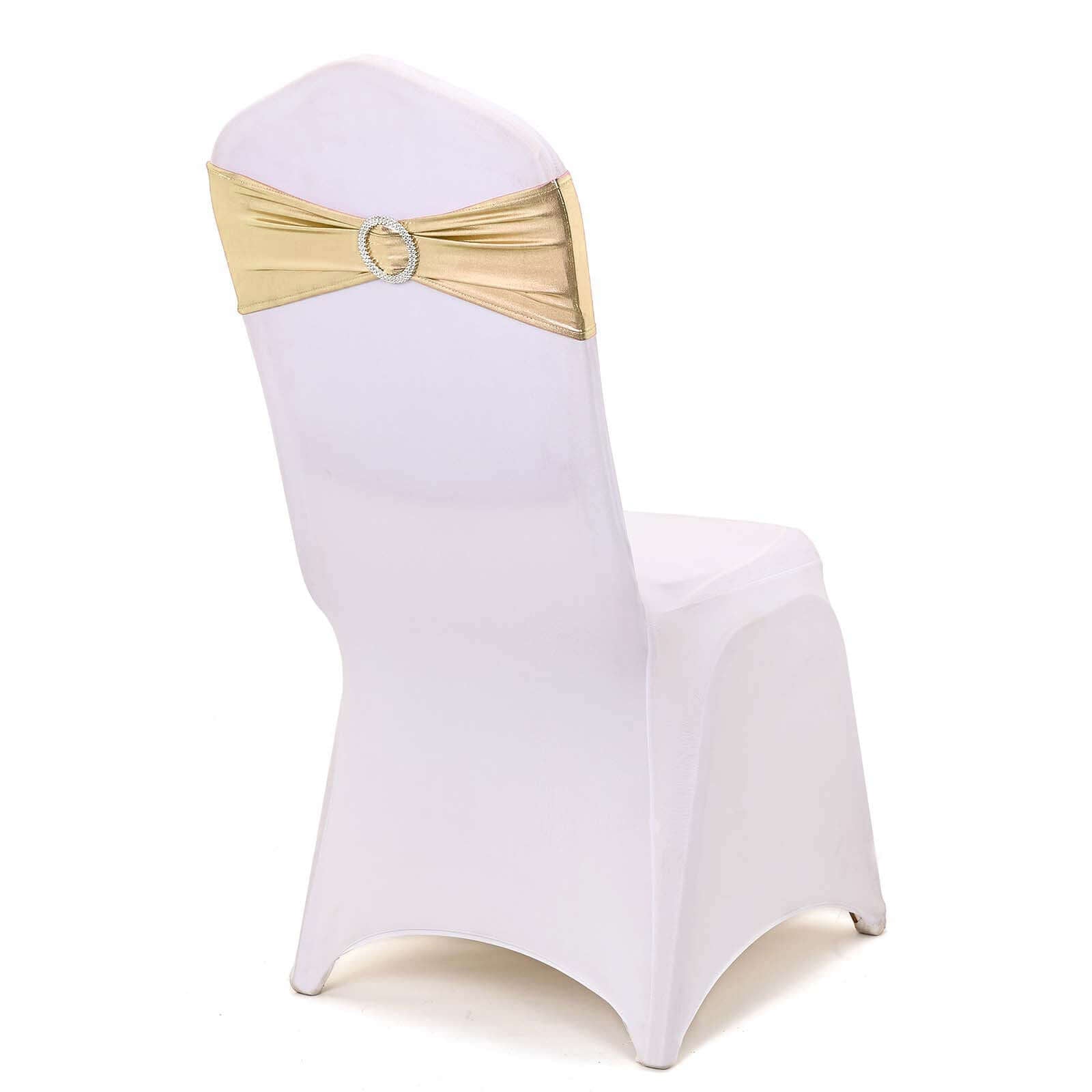 5-Pack Champagne Metallic Spandex Chair Sashes with Round Diamond Buckles - Stretch Fit!