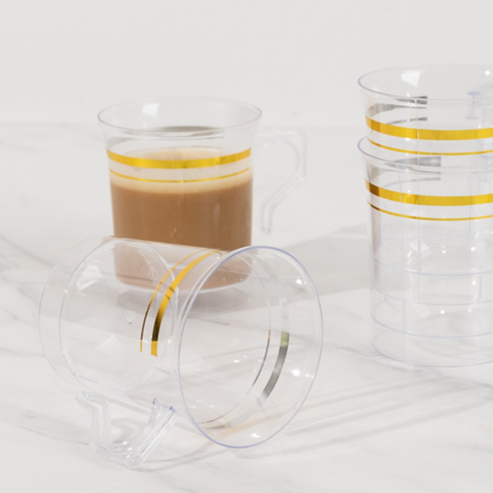 8-Pack Disposable 8oz Clear Plastic Coffee Mugs with Gold Stripes - Ideal for Events