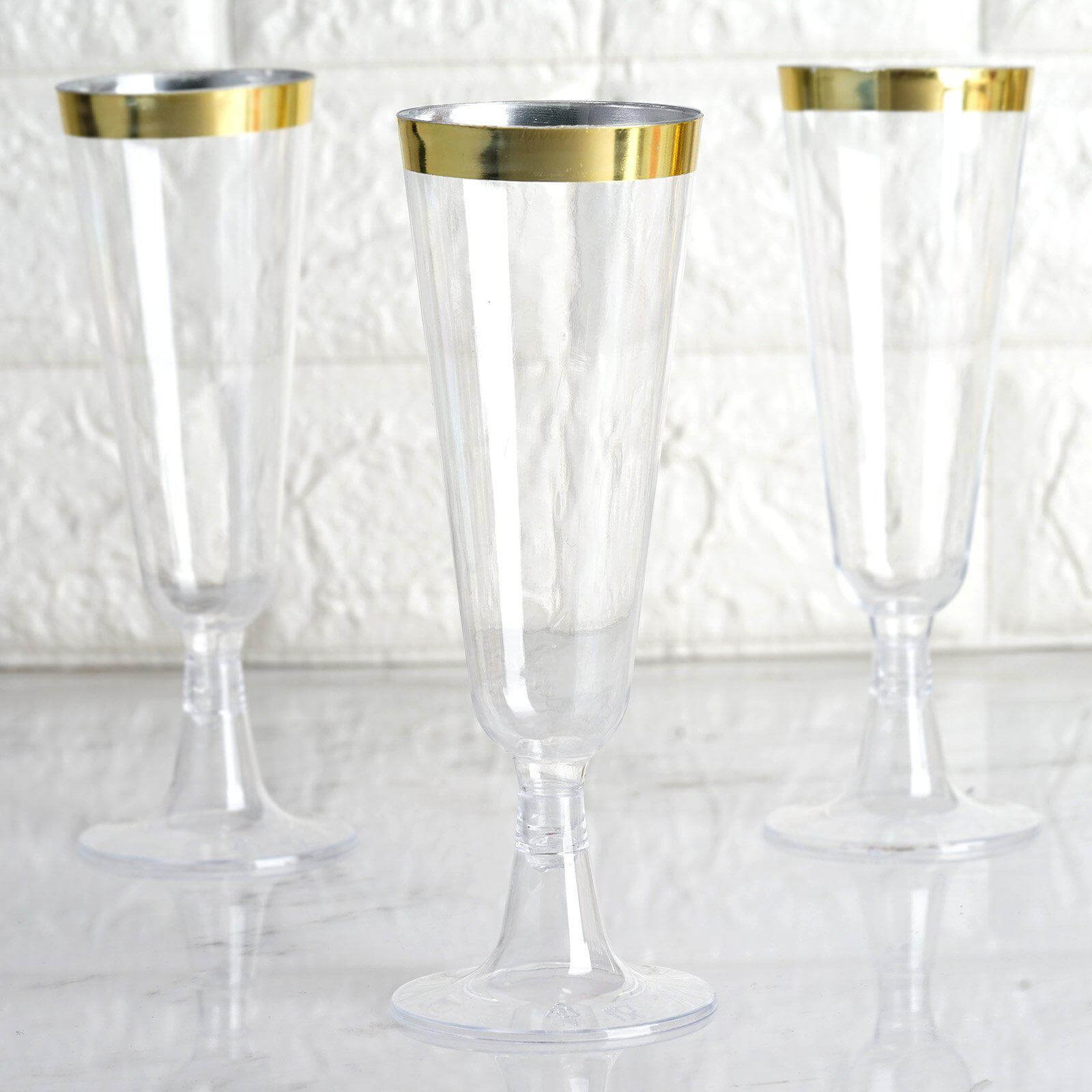 Hot Sale! 12-Pack 5oz Clear Plastic Champagne Flutes with Gold Rim - Disposable Party Glasses