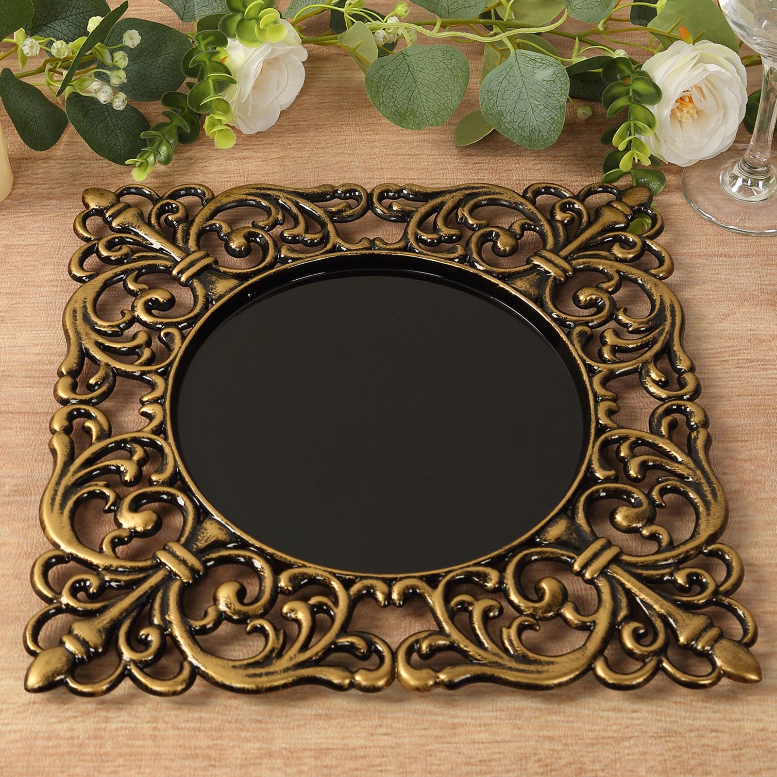 Hot Sale! 6-Pack 12-Inch Black Acrylic Square Charger Plates with Antique Gold Hollow Lace Border for Event Decor