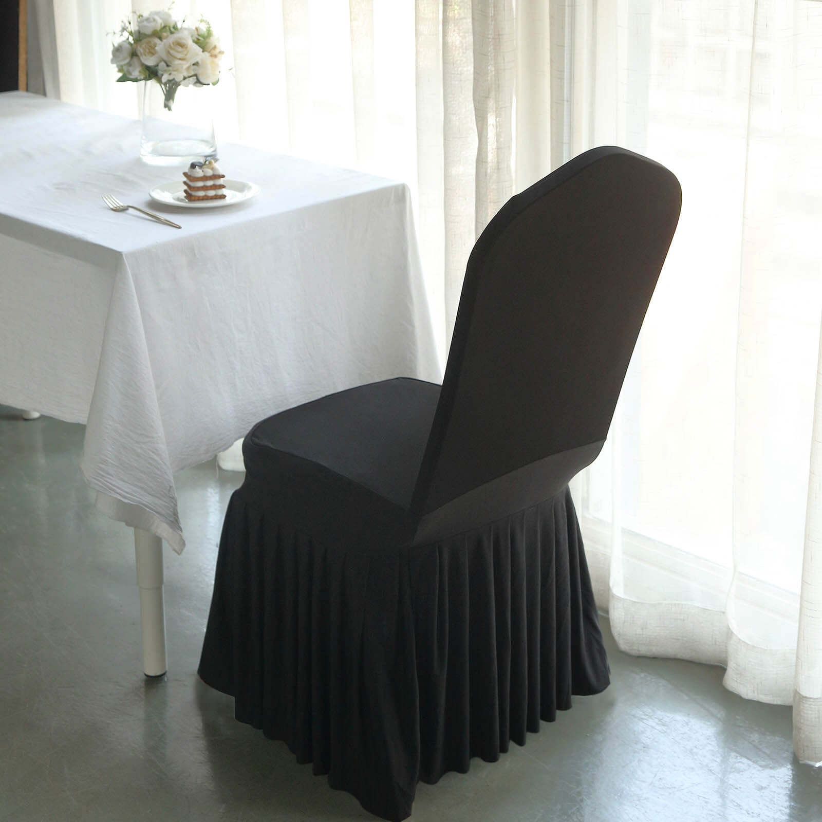 Black Spandex Stretch Fitted Slipcover with Ruffle Pleated Skirt for Banquet Chairs - 1 Piece