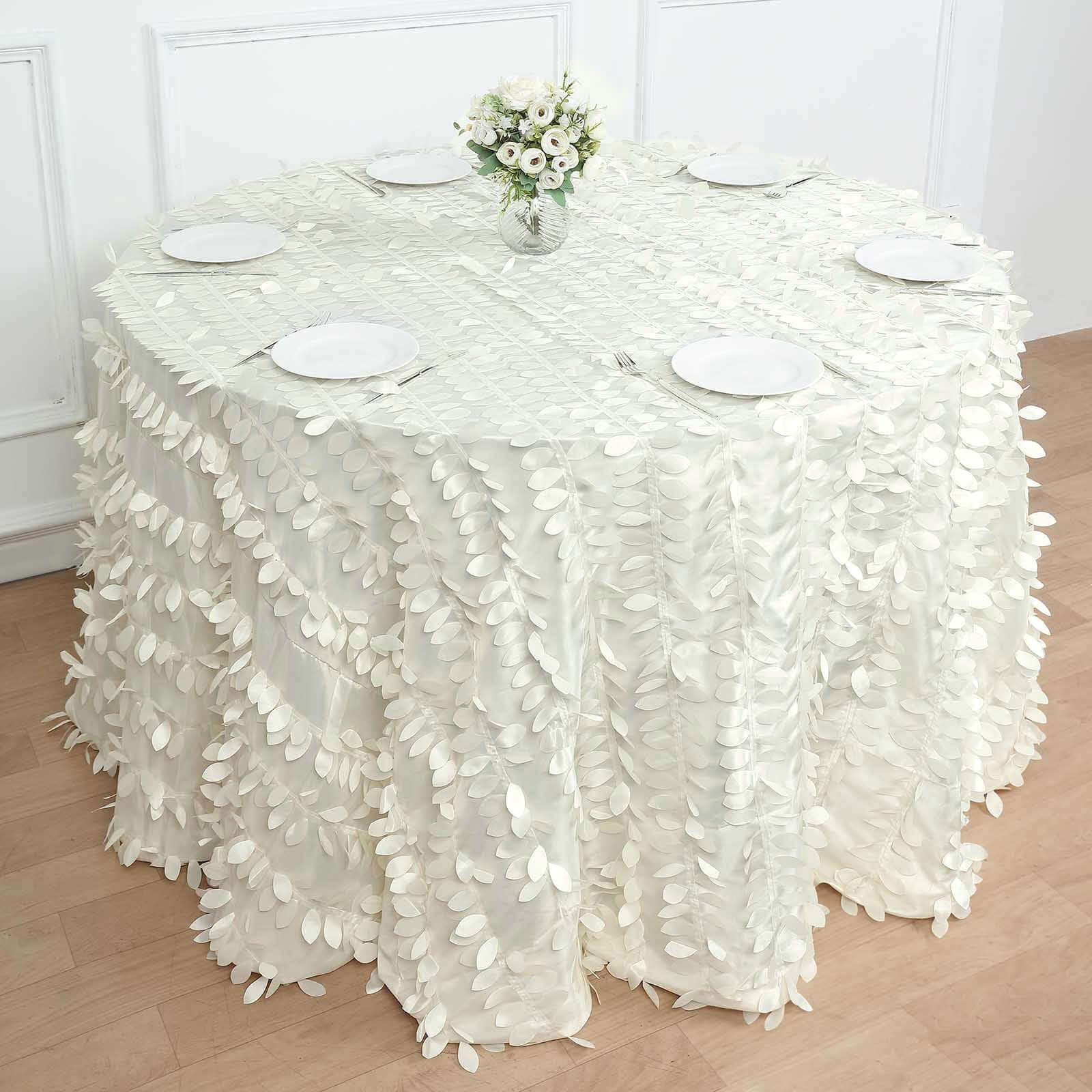 Hot Sale! Ivory Taffeta 120-Inch Round Tablecloth with 3D Leaf Petal Design