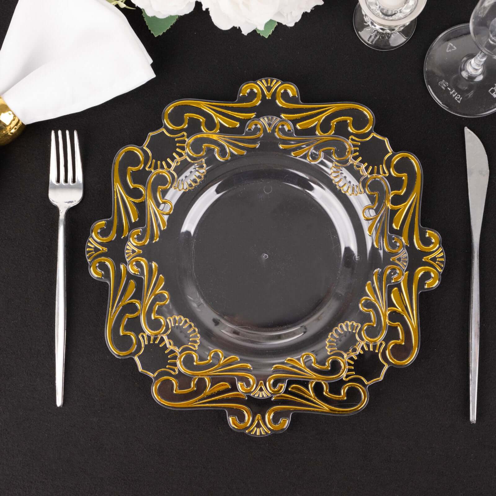 10-Pack Clear Plastic Round Dinner Plates with Gold Vintage Baroque Scalloped Rim - Ideal for Parties
