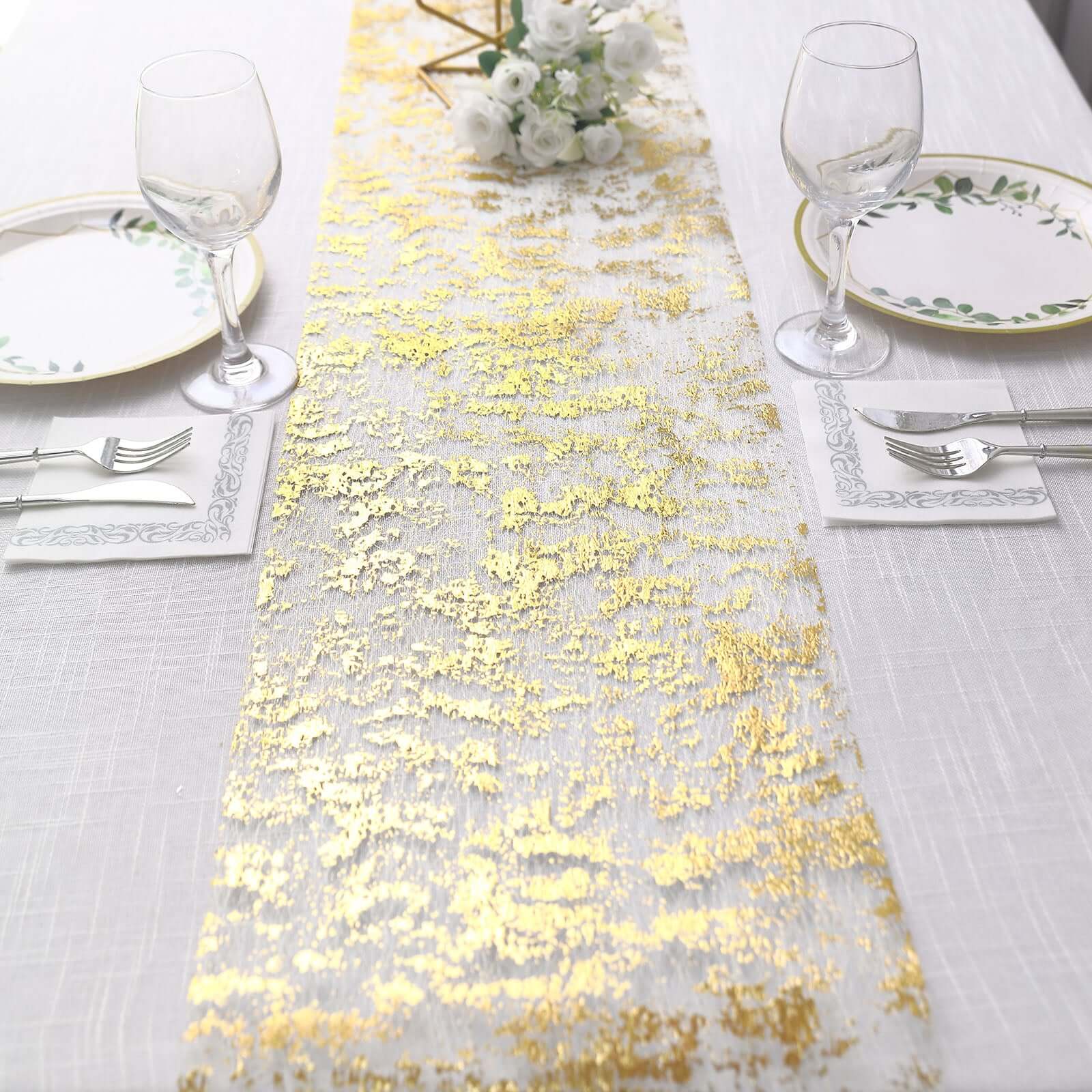 Hot! Disposable Metallic Gold Polyester Table Runner Roll with Distressed Foil Printing for Party Decor