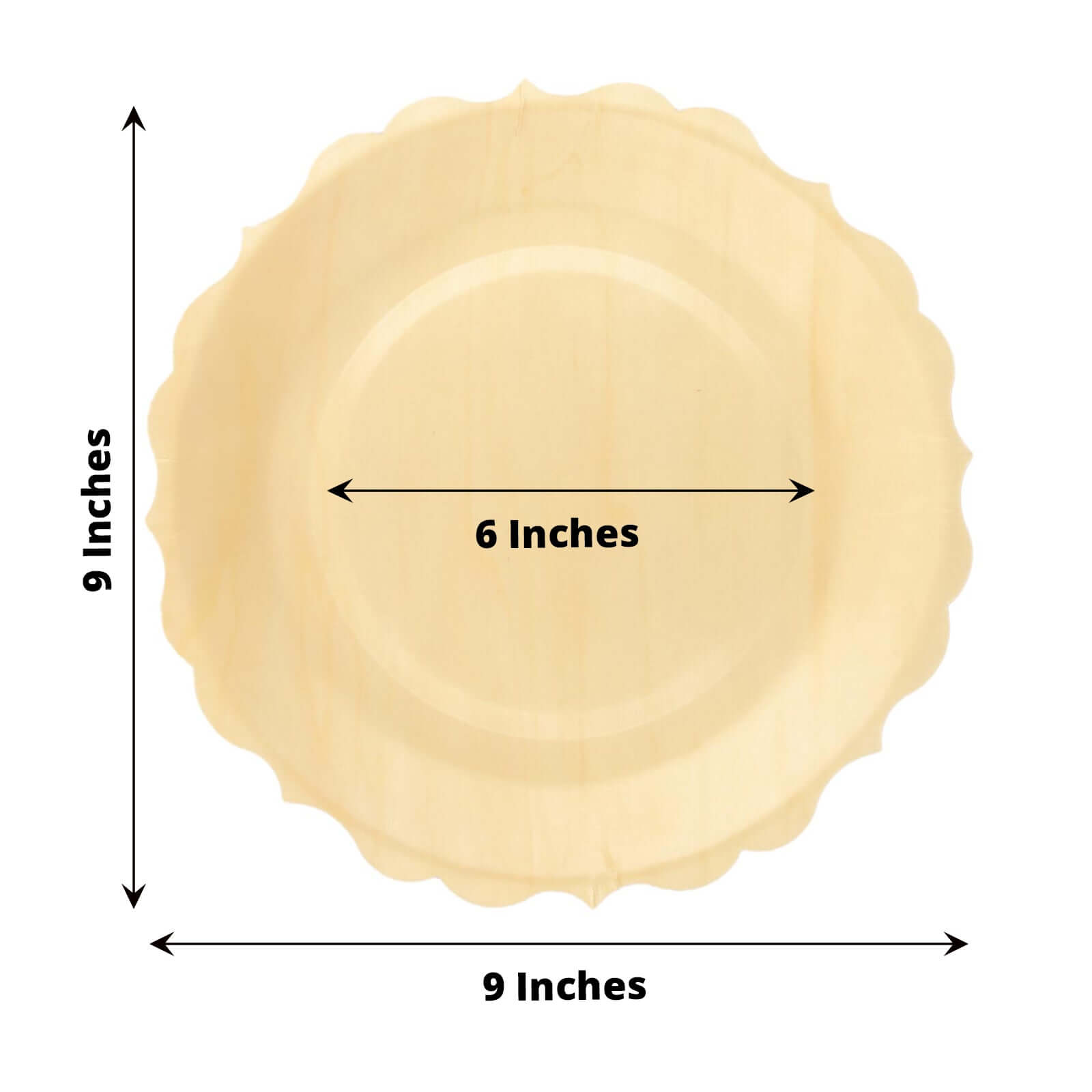 12-Piece Set of Natural Birchwood Round Dinner Plates with Scalloped Rim - Ideal for Farmhouse Events