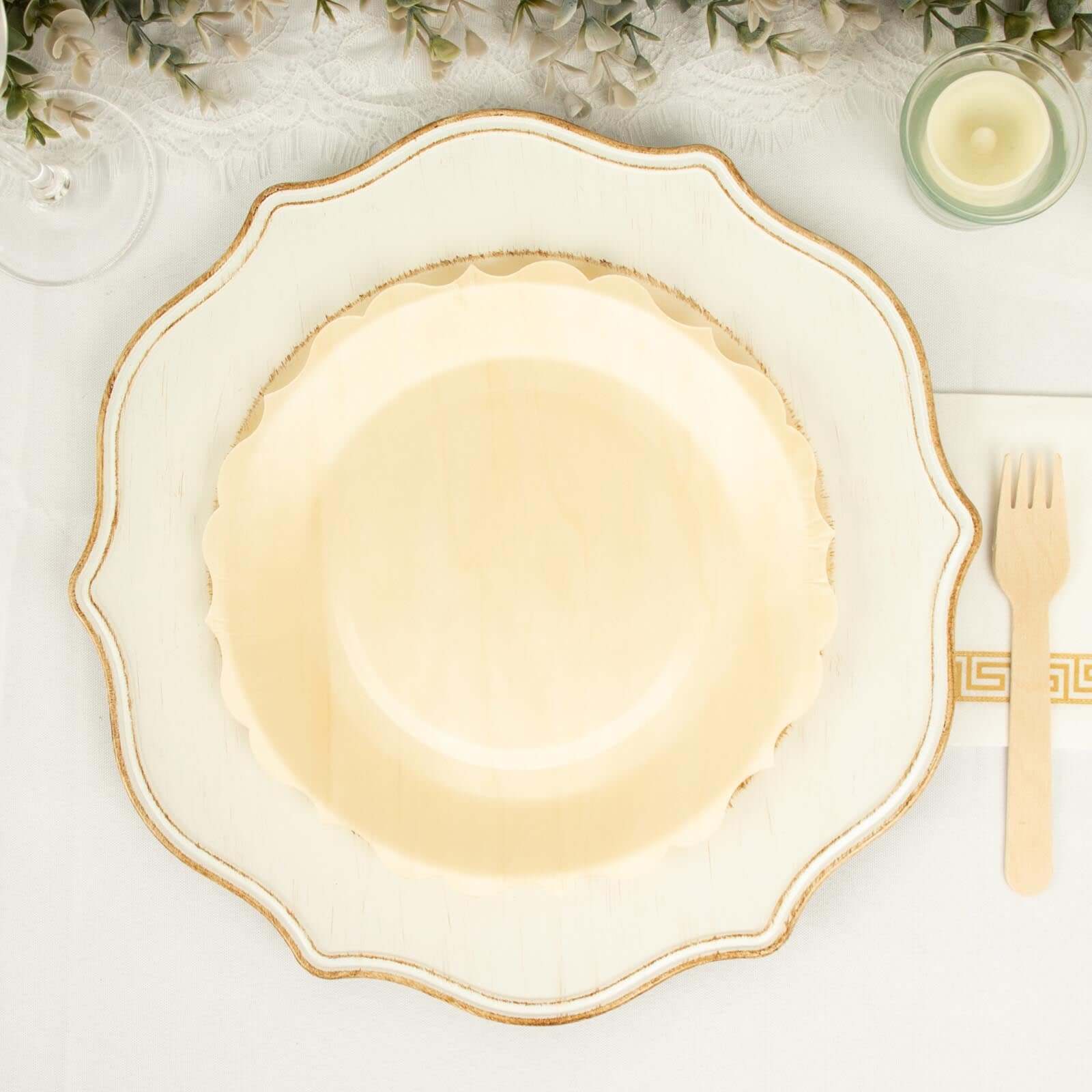 12-Piece Set of Natural Birchwood Round Dinner Plates with Scalloped Rim - Ideal for Farmhouse Events