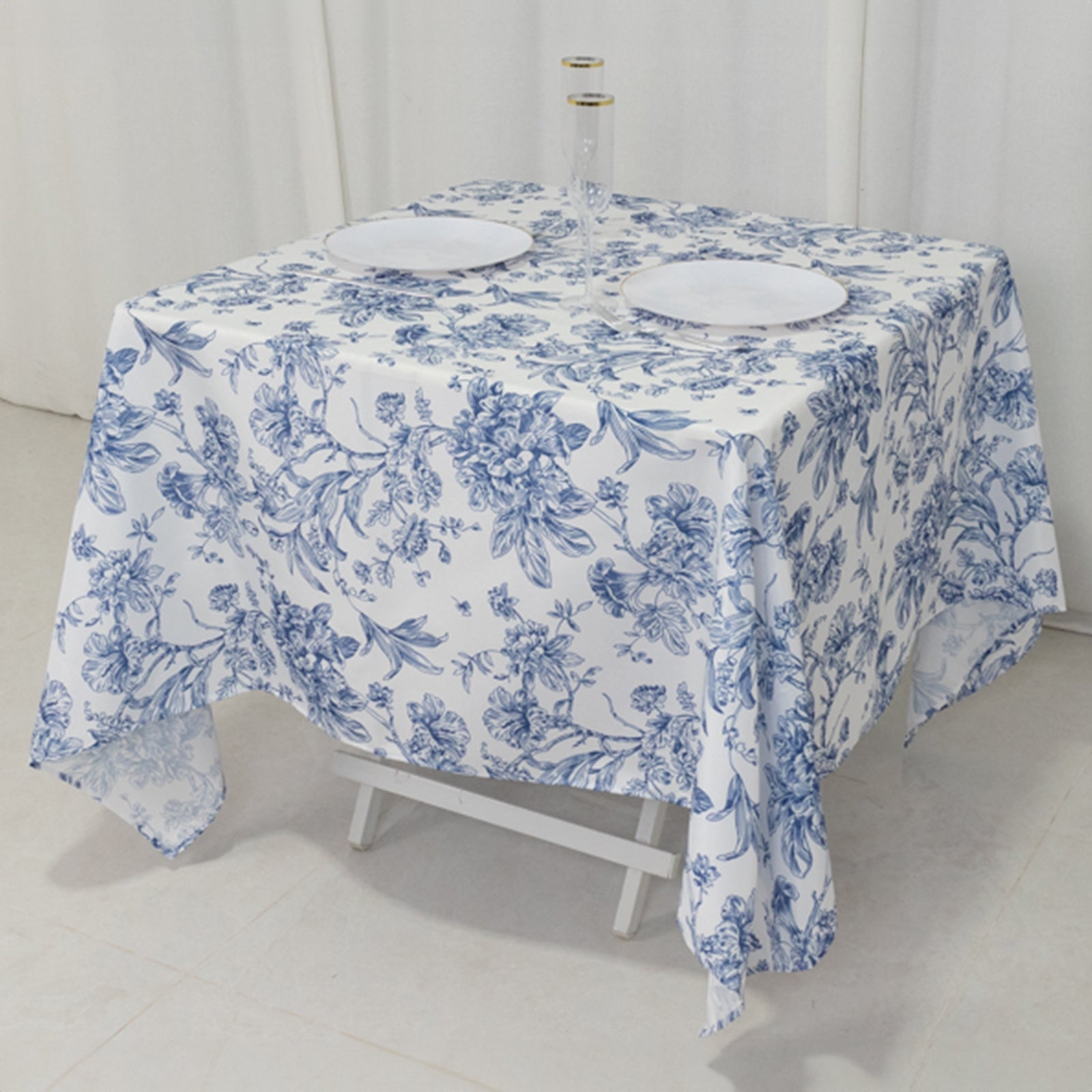 Get This Elegant 70x70 Polyester Square Tablecloth in White - Blue French Toile Pattern for Fancy Settings